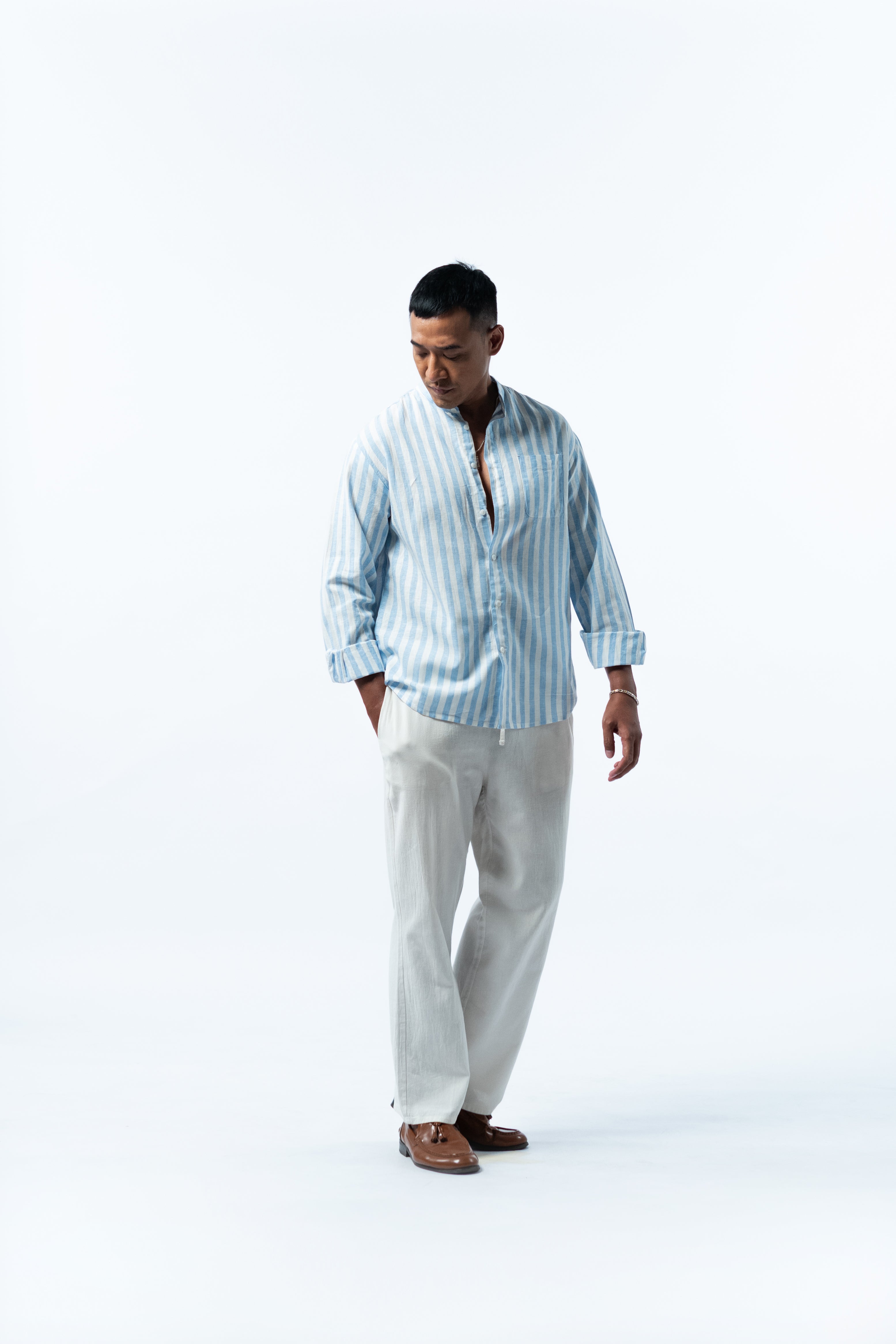 Men's Linen Striped Shirt - White Blue Long Sleeve JAVER