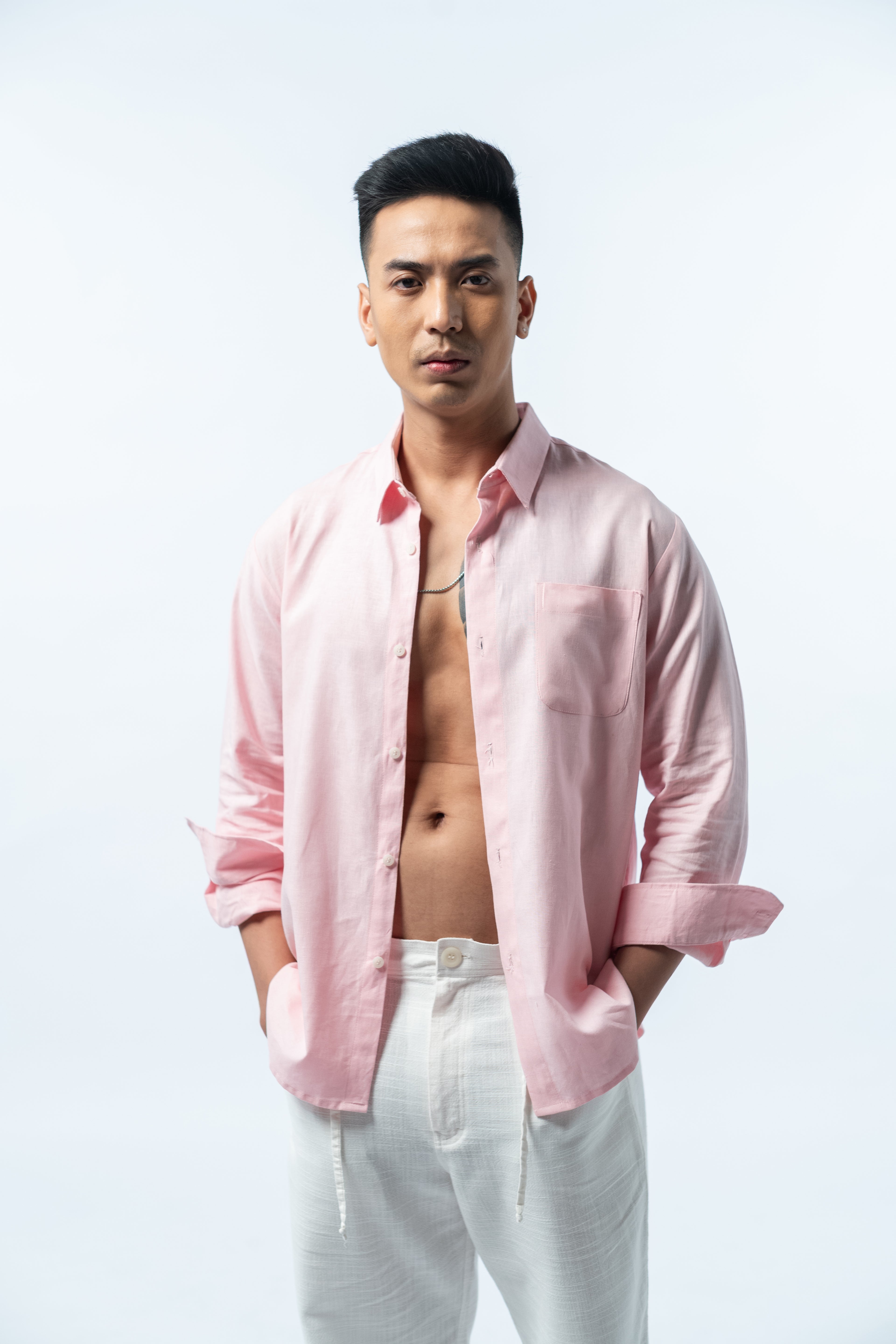 Regular Linen Shirt - Baby Pink Long Sleeve LUCA