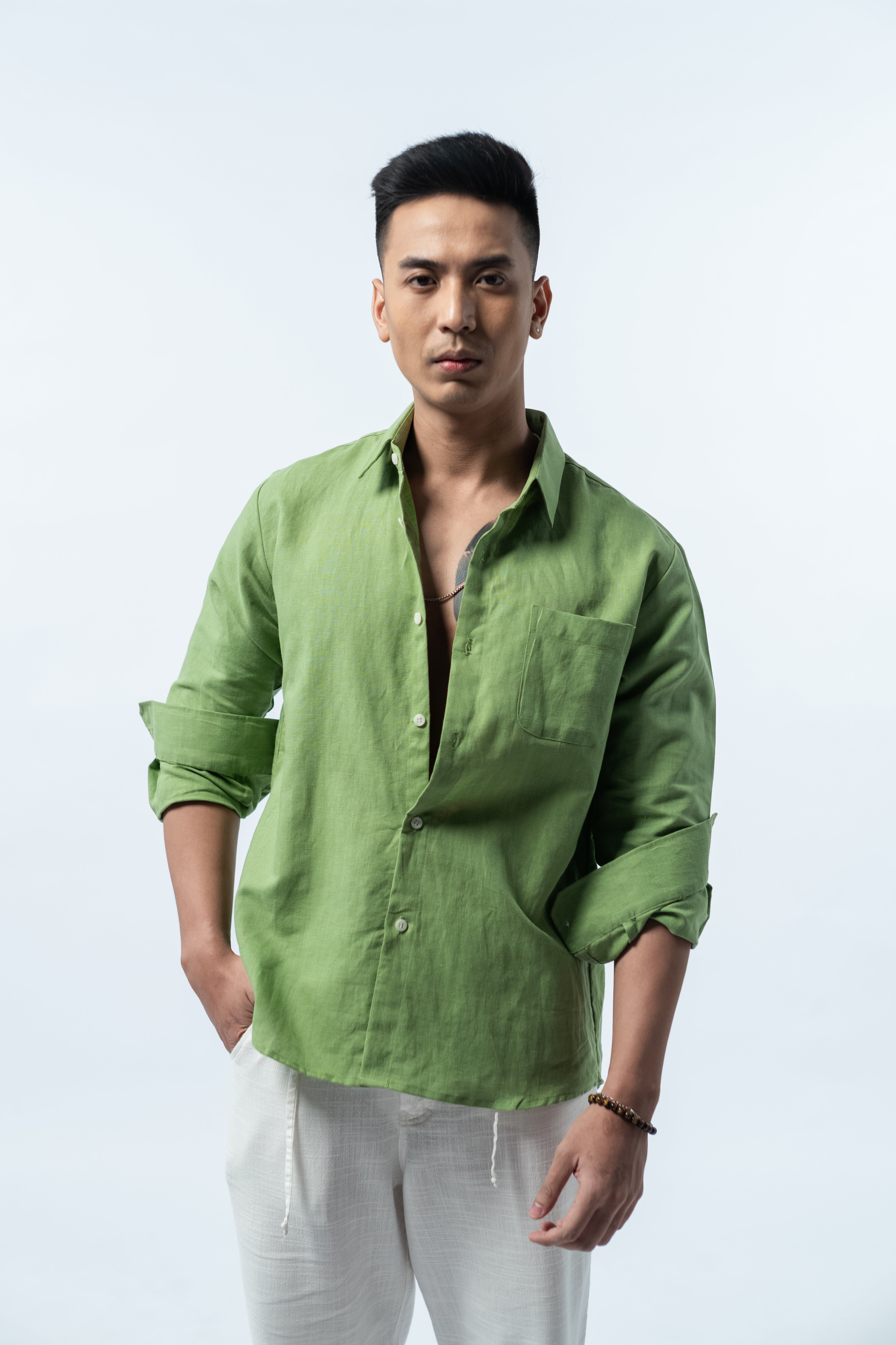 Regular Linen Shirt - Green Long Sleeve LUCA