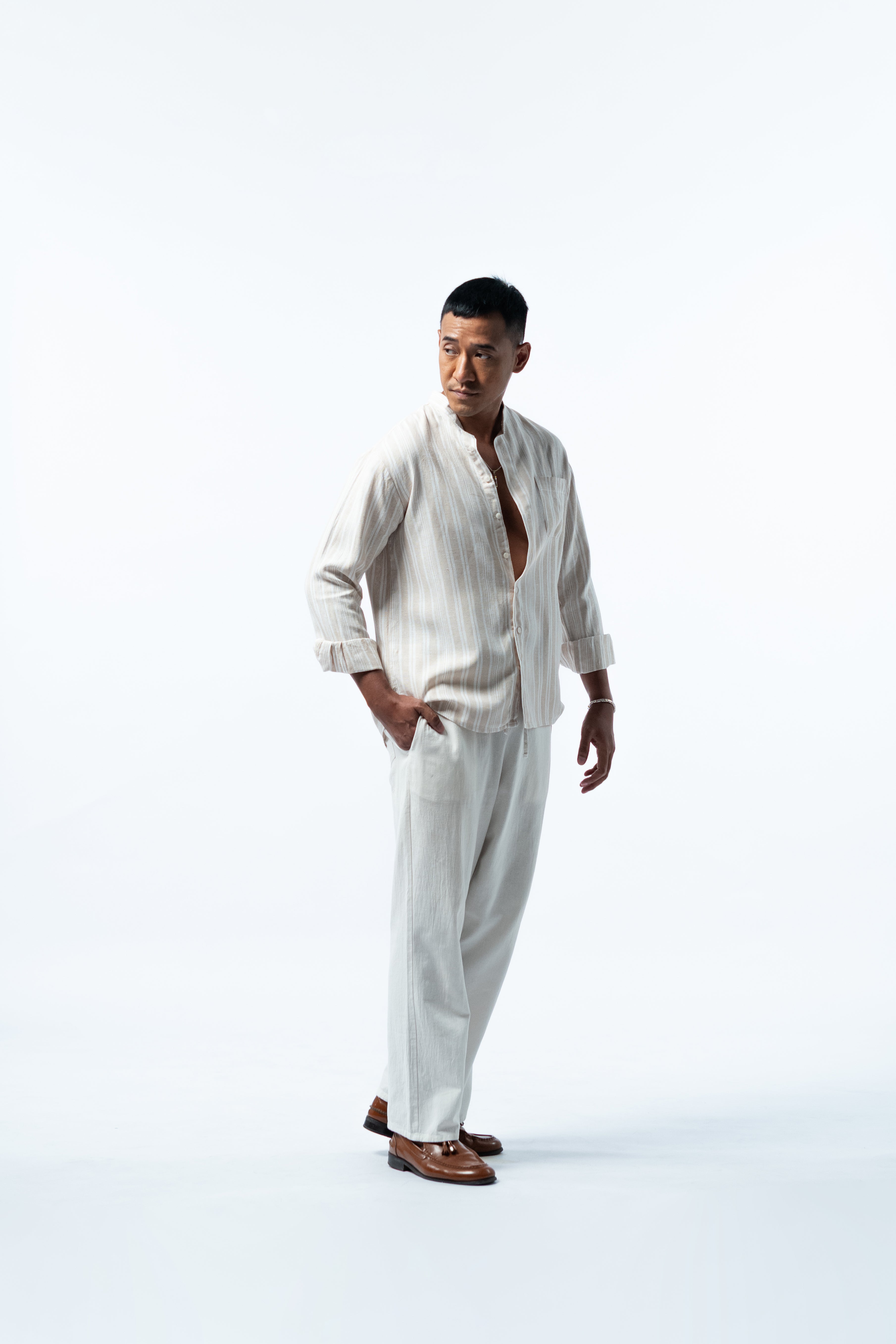 Men's Linen Striped Shirt - Cream Ivory Long Sleeve JAVER