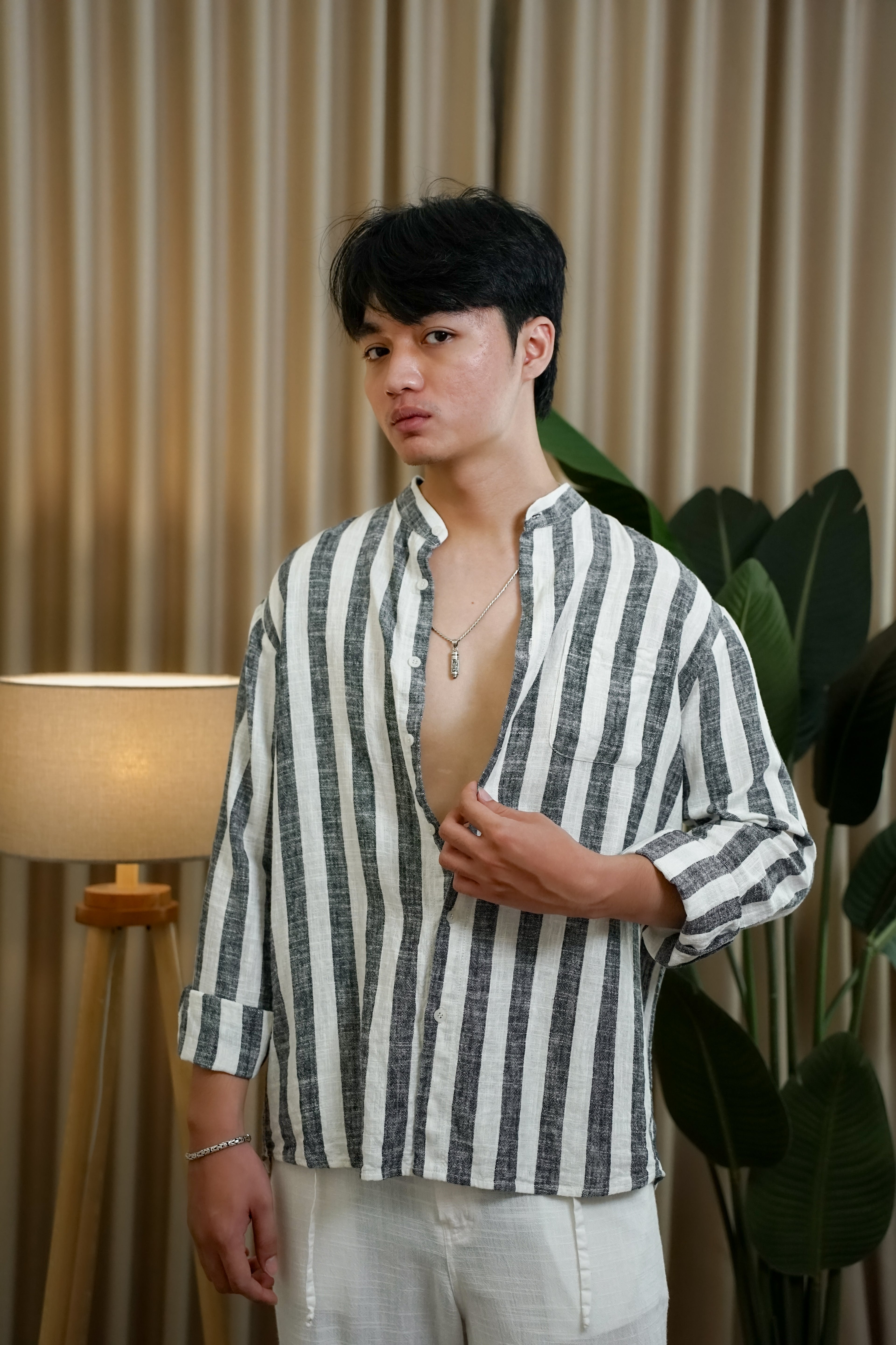 LaBonte - Men's Linen Striped Shirt - Black White Long Sleeve JAVER