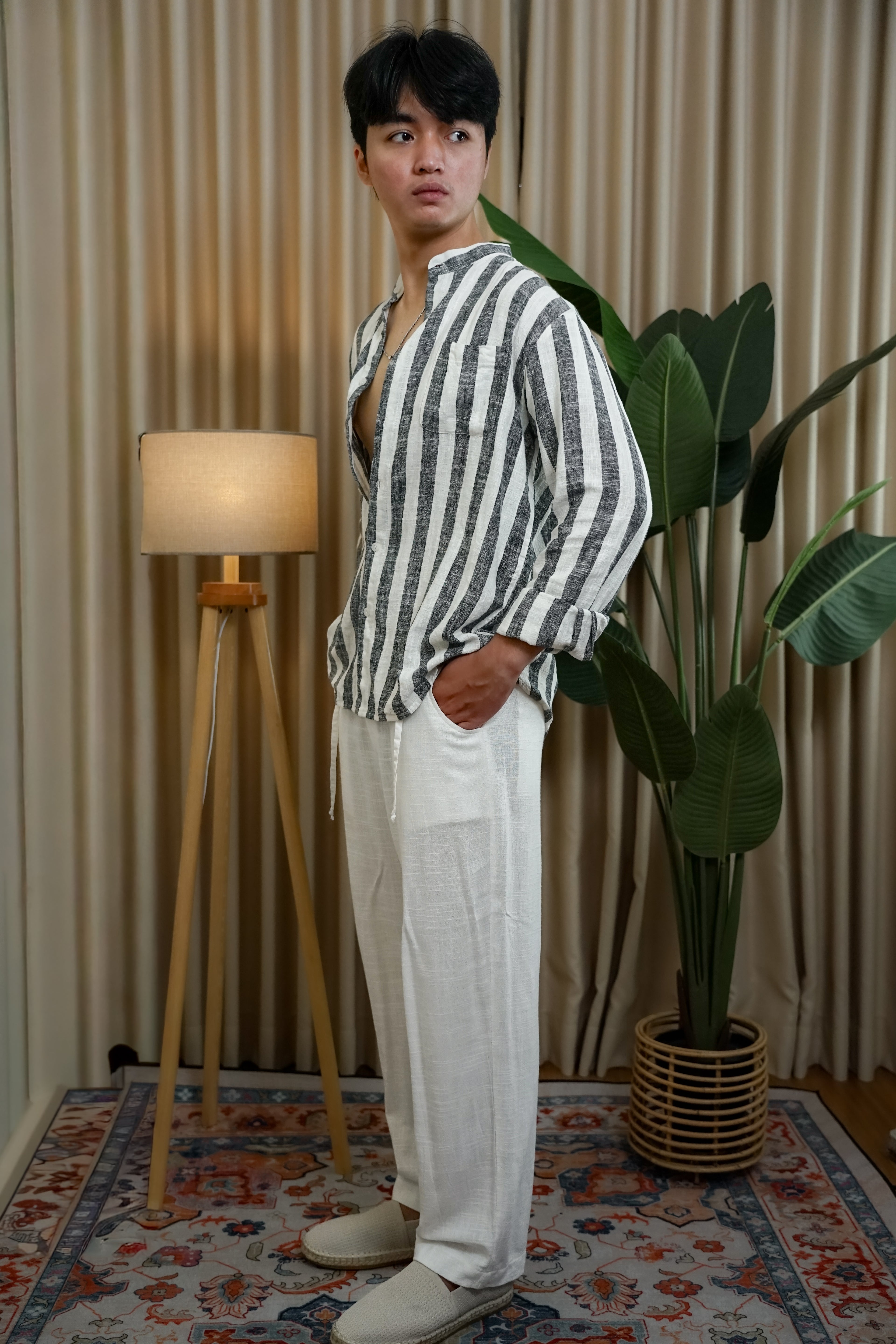 LaBonte - Men's Linen Striped Shirt - Black White Long Sleeve JAVER