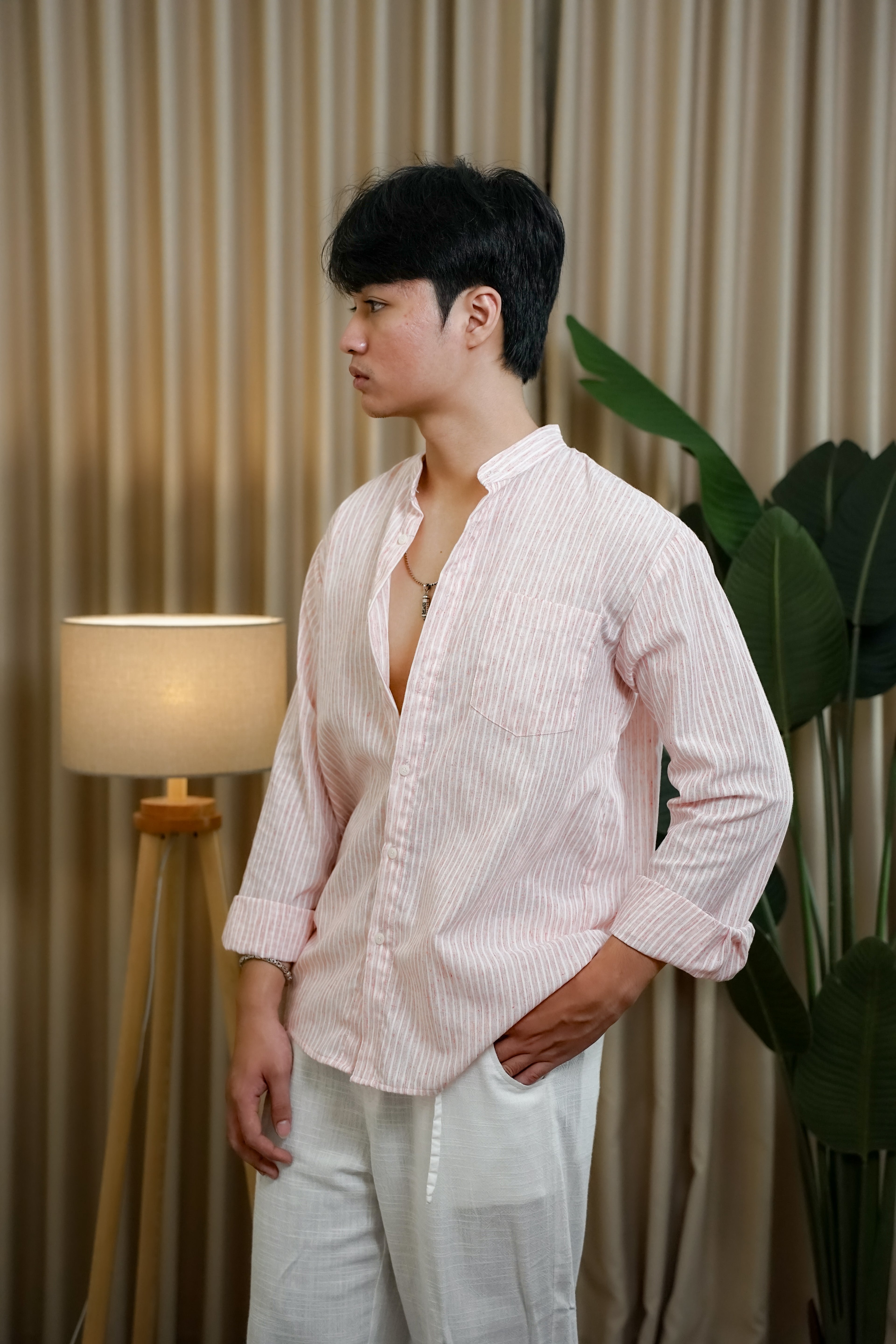LaBonte - Men's Linen Striped Shirt - Blush Pink Long Sleeve JAVER