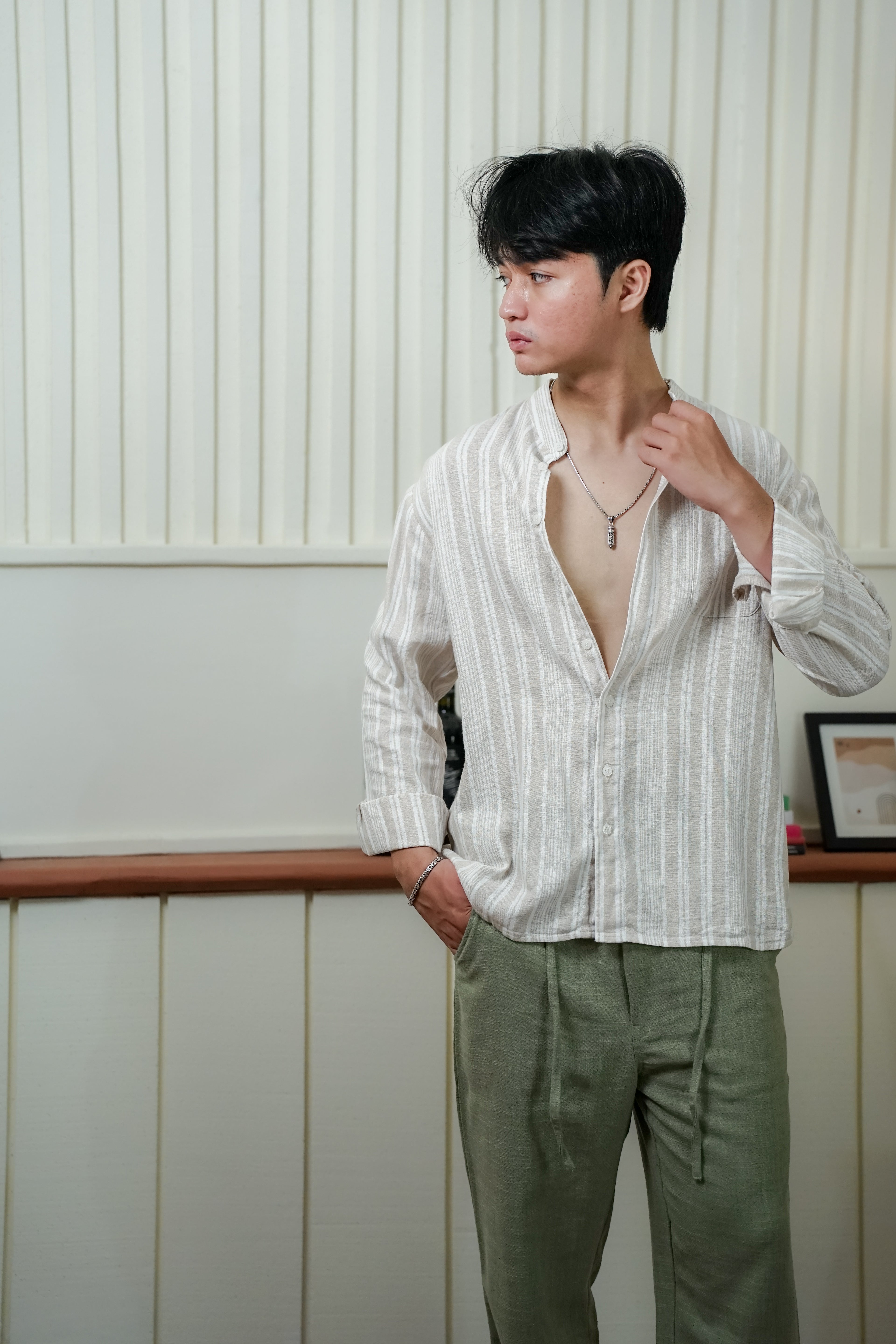 LaBonte - Men's Linen Striped Shirt - Cream Ivory Long Sleeve JAVER