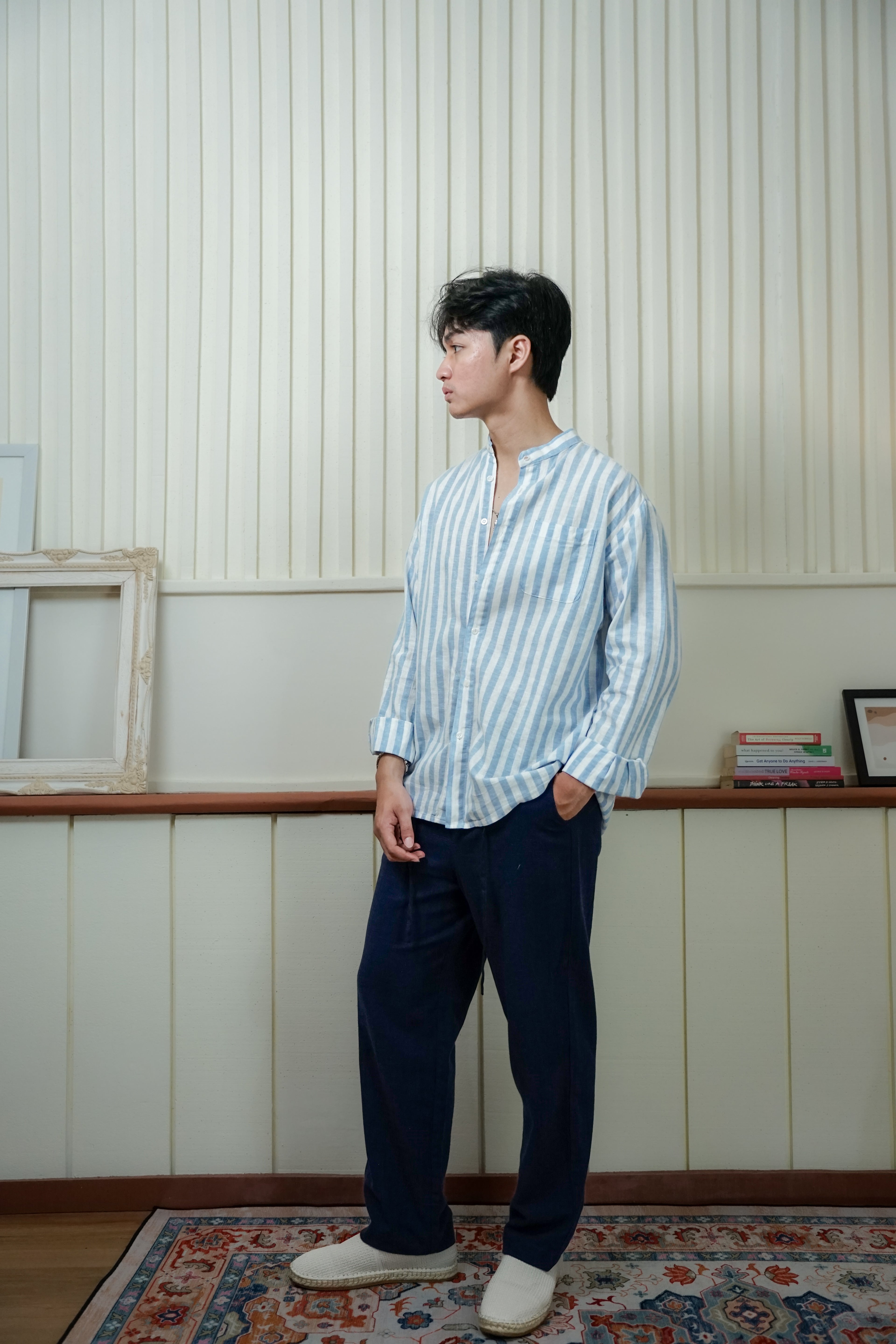 LaBonte - Men's Linen Striped Shirt - Blue White Long Sleeve JAVER