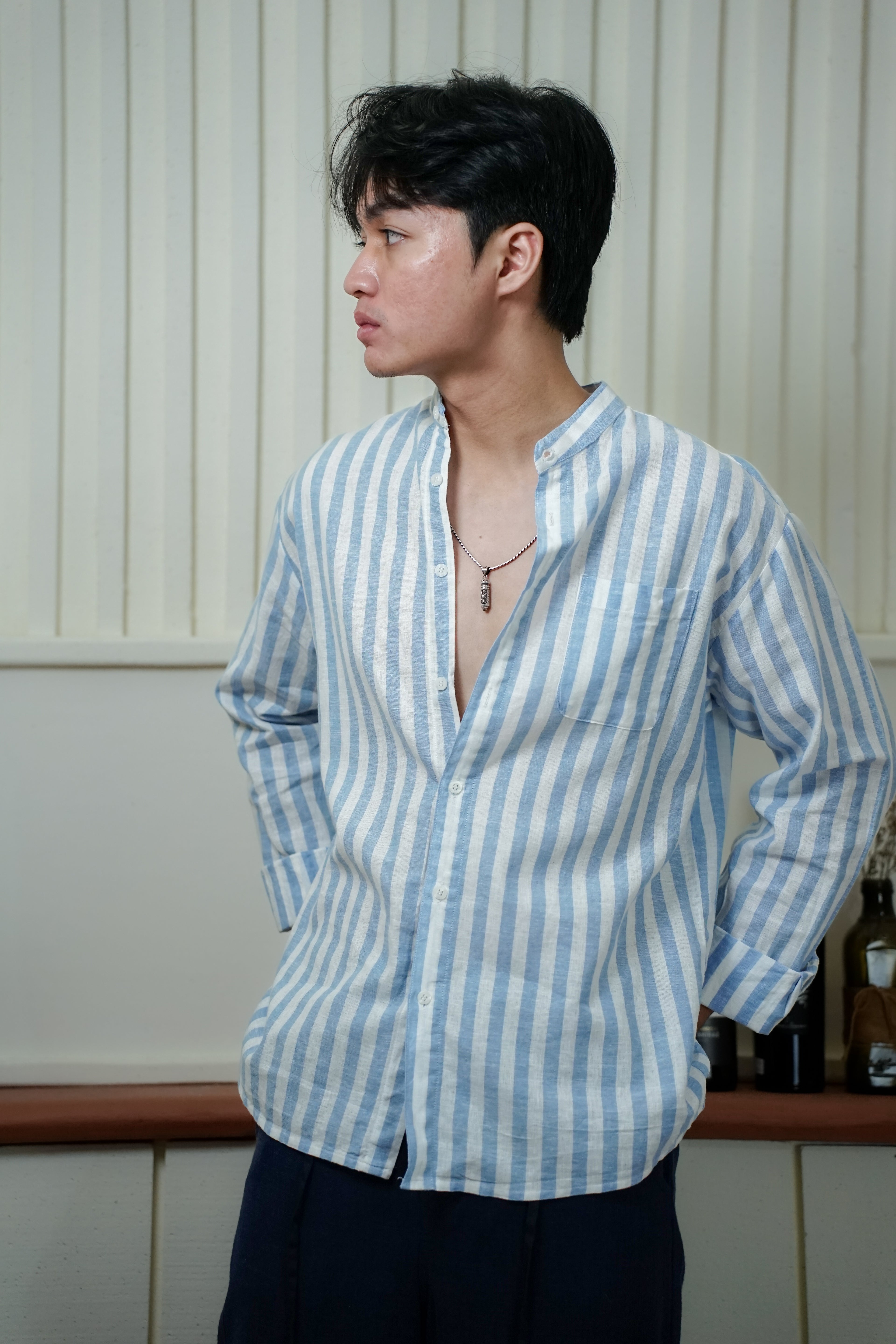 LaBonte - Men's Linen Striped Shirt - Blue White Long Sleeve JAVER