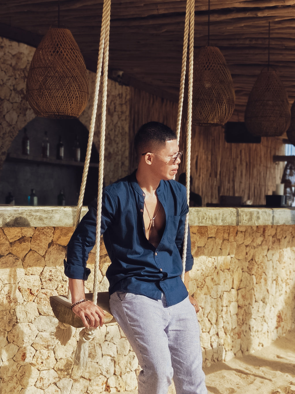Kemeja Linen Pira Lengan Panjang Polos - Navy Blue