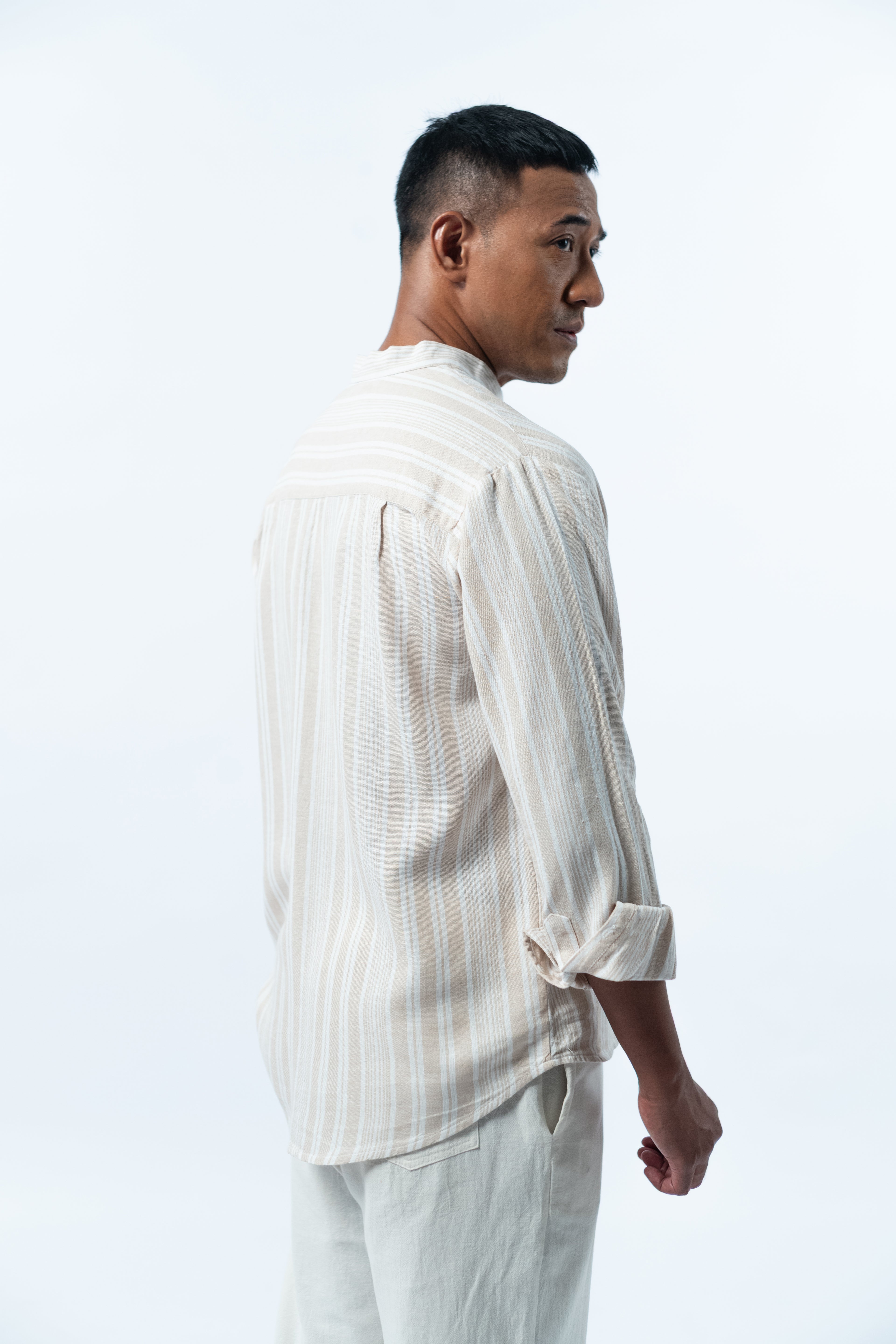 Men's Linen Striped Shirt - Cream Ivory Long Sleeve JAVER
