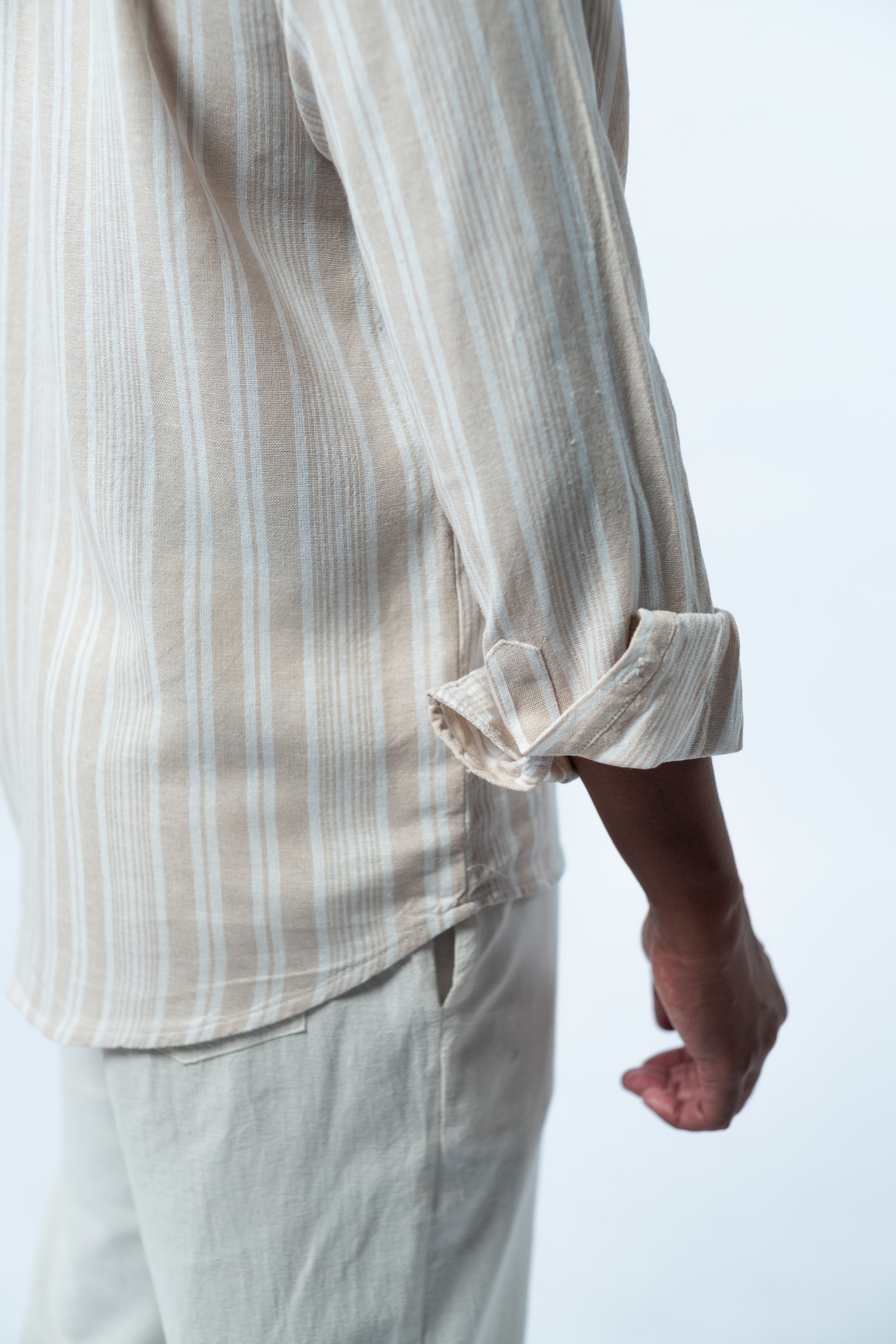 Men's Linen Striped Shirt - Cream Ivory Long Sleeve JAVER