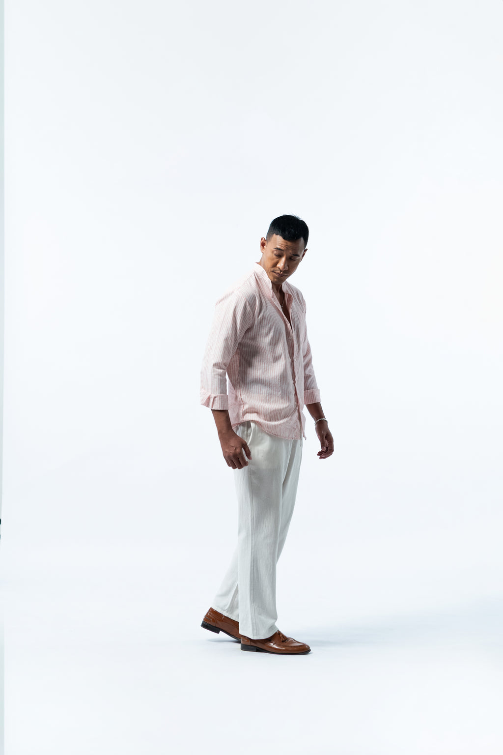 Men's Linen Striped Shirt - Blush Pink Long Sleeve JAVER
