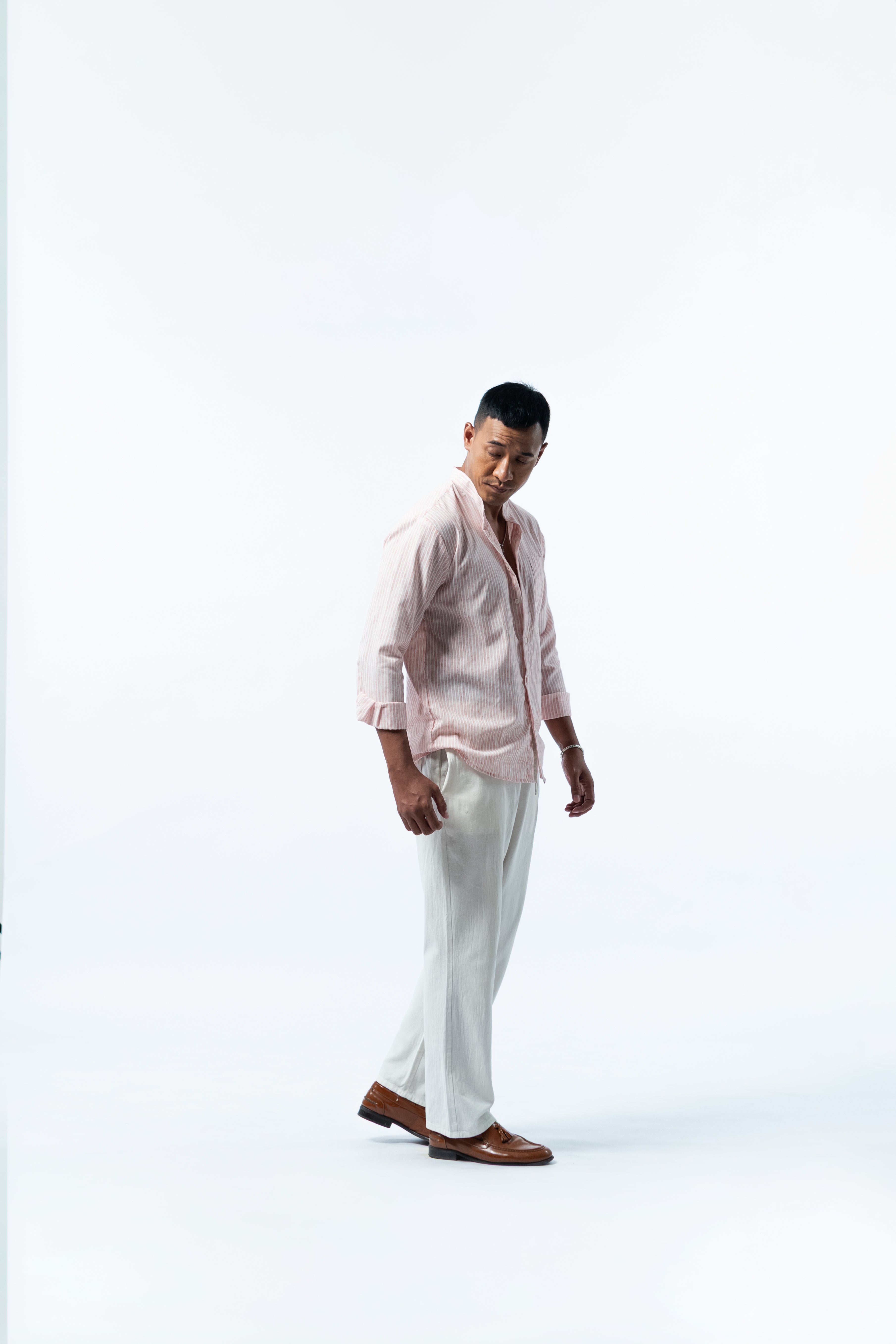 Men's Linen Striped Shirt - Blush Pink Long Sleeve JAVER