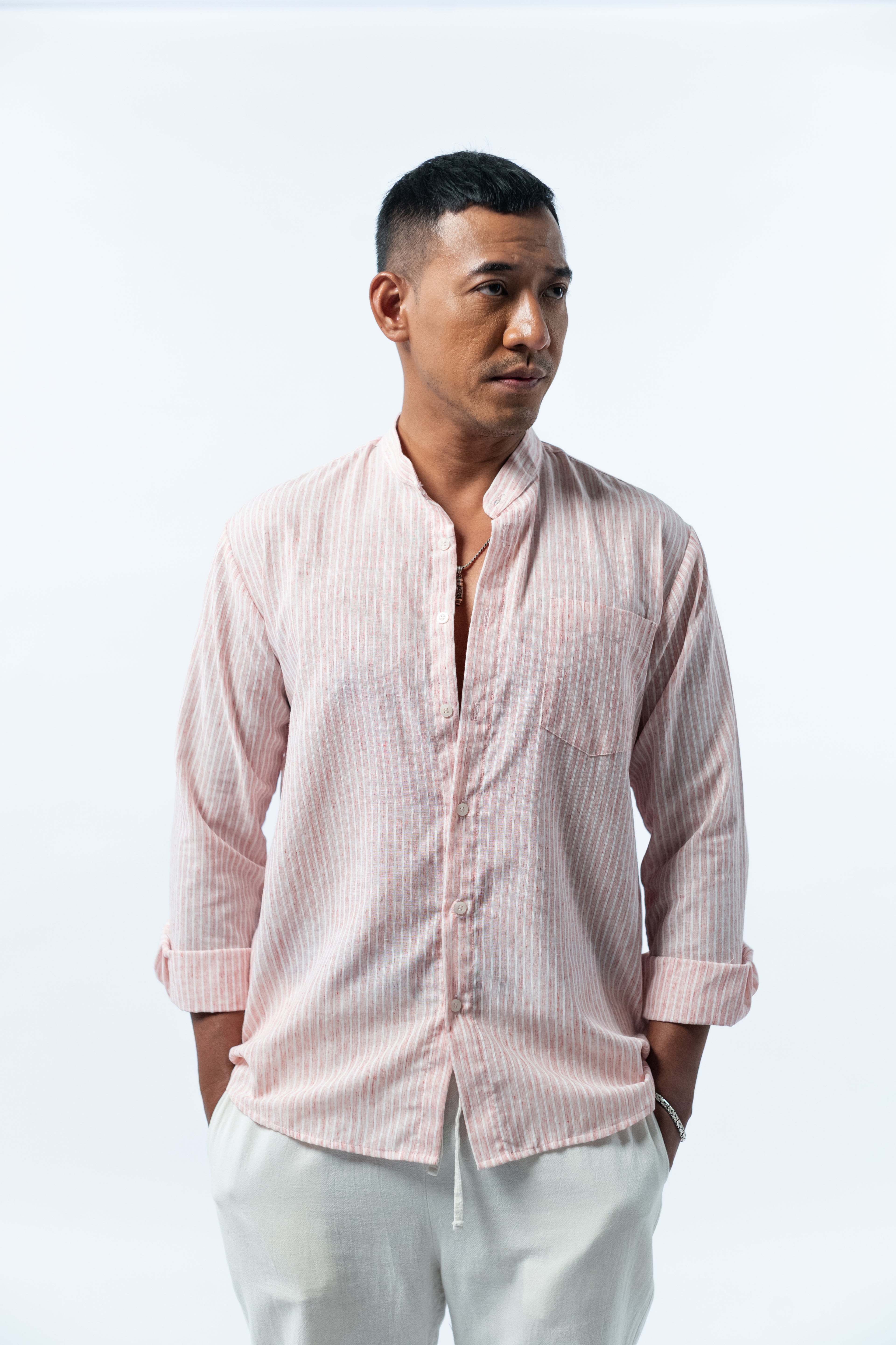 Men's Linen Striped Shirt - Blush Pink Long Sleeve JAVER
