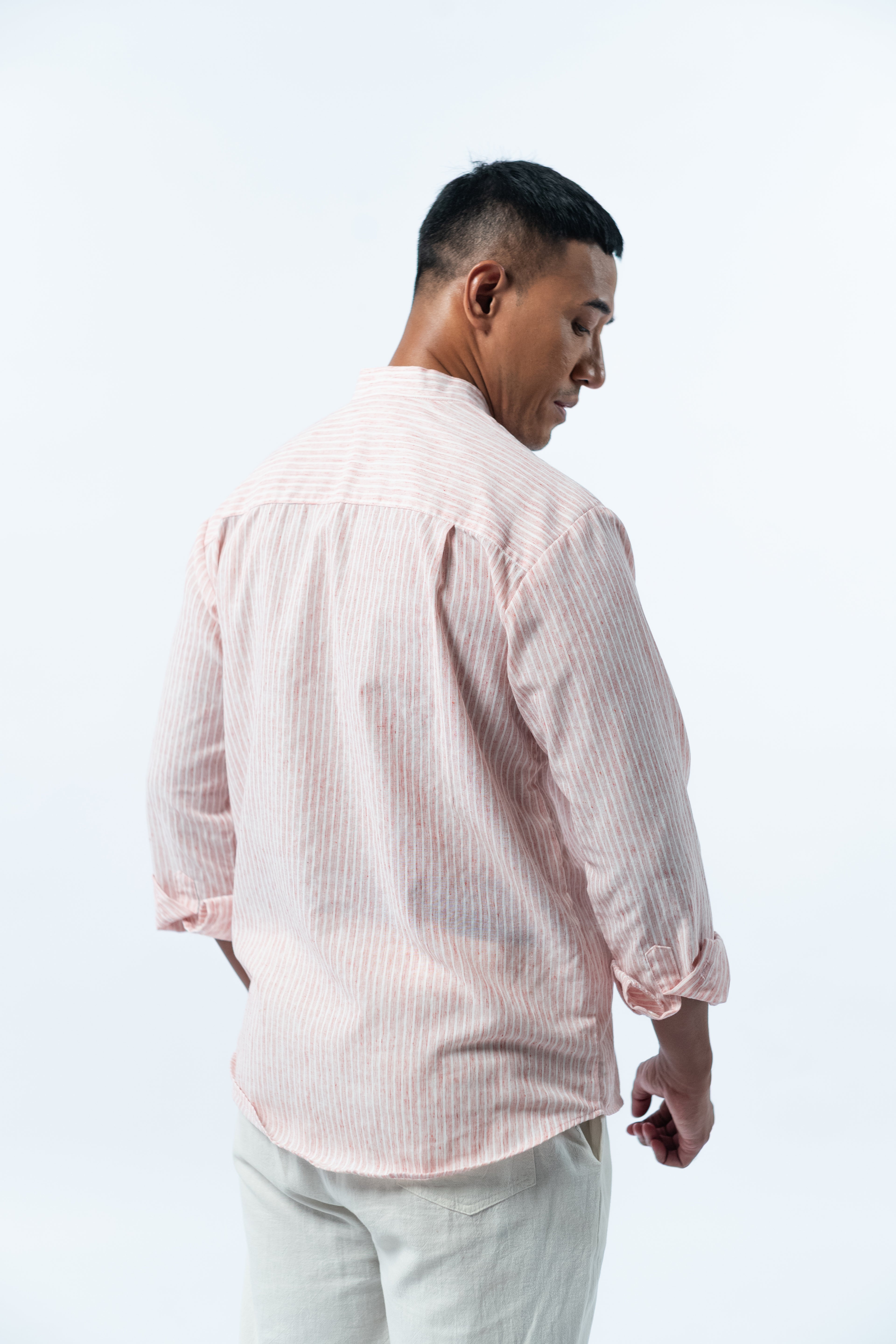 Men's Linen Striped Shirt - Blush Pink Long Sleeve JAVER