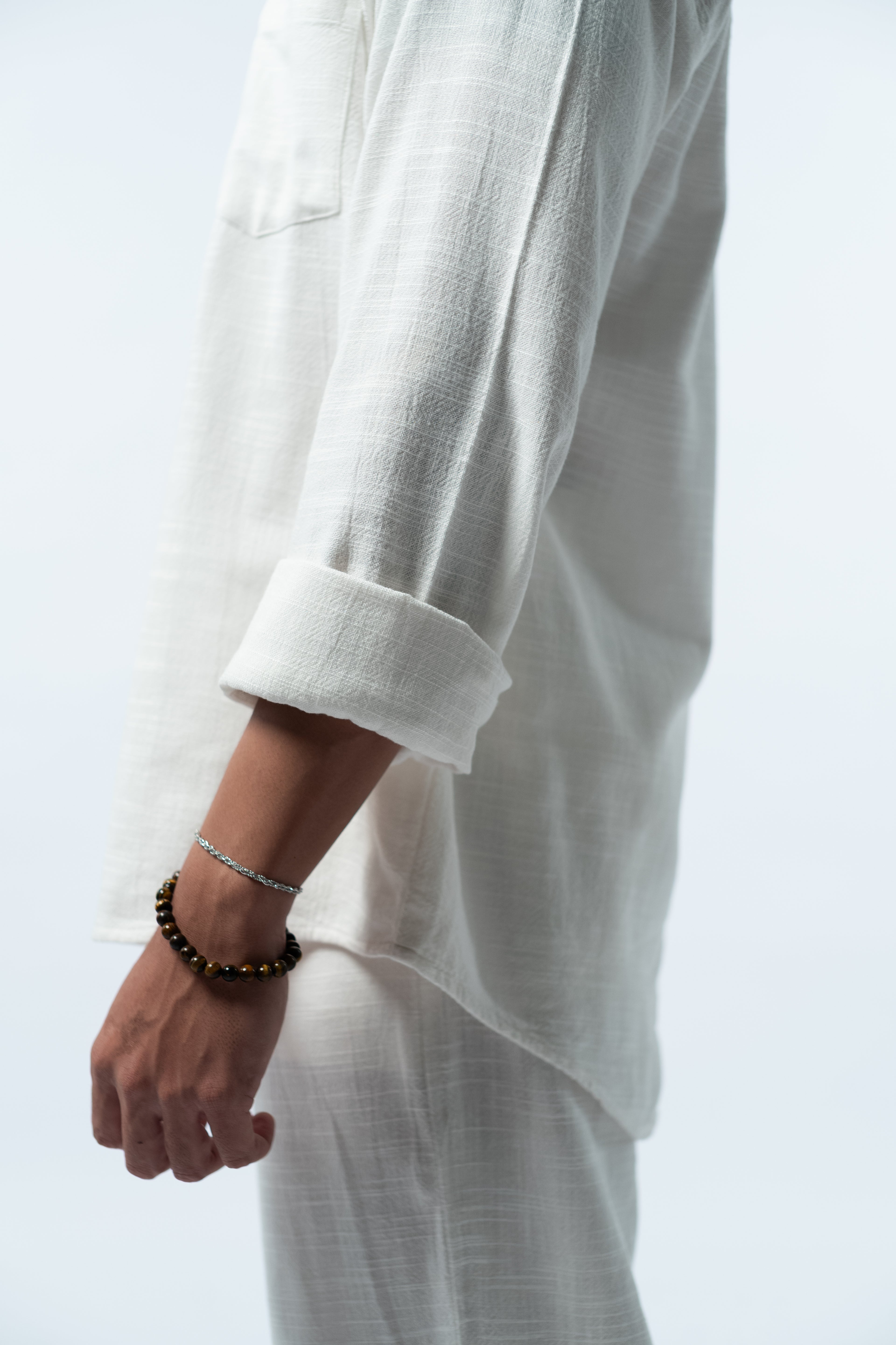 LaBonte - Men's Mandarin Collar Linen Shirt - White Long Sleeve GAVINO