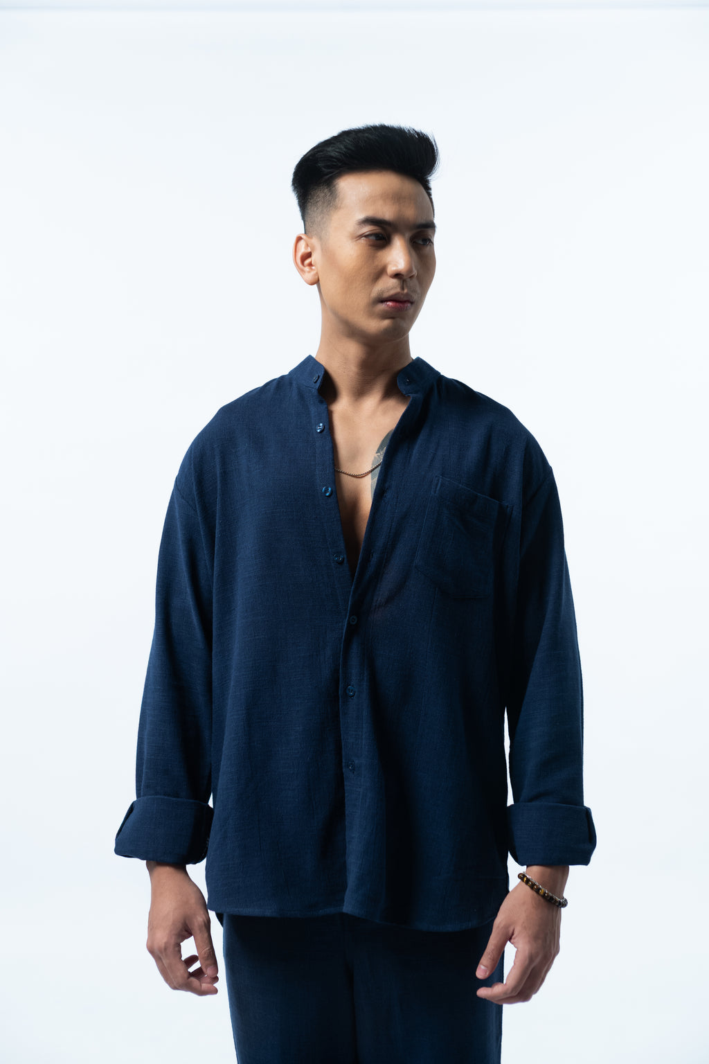 LaBonte - Men's Mandarin Collar Linen Shirt - Navy Long Sleeve GAVINO