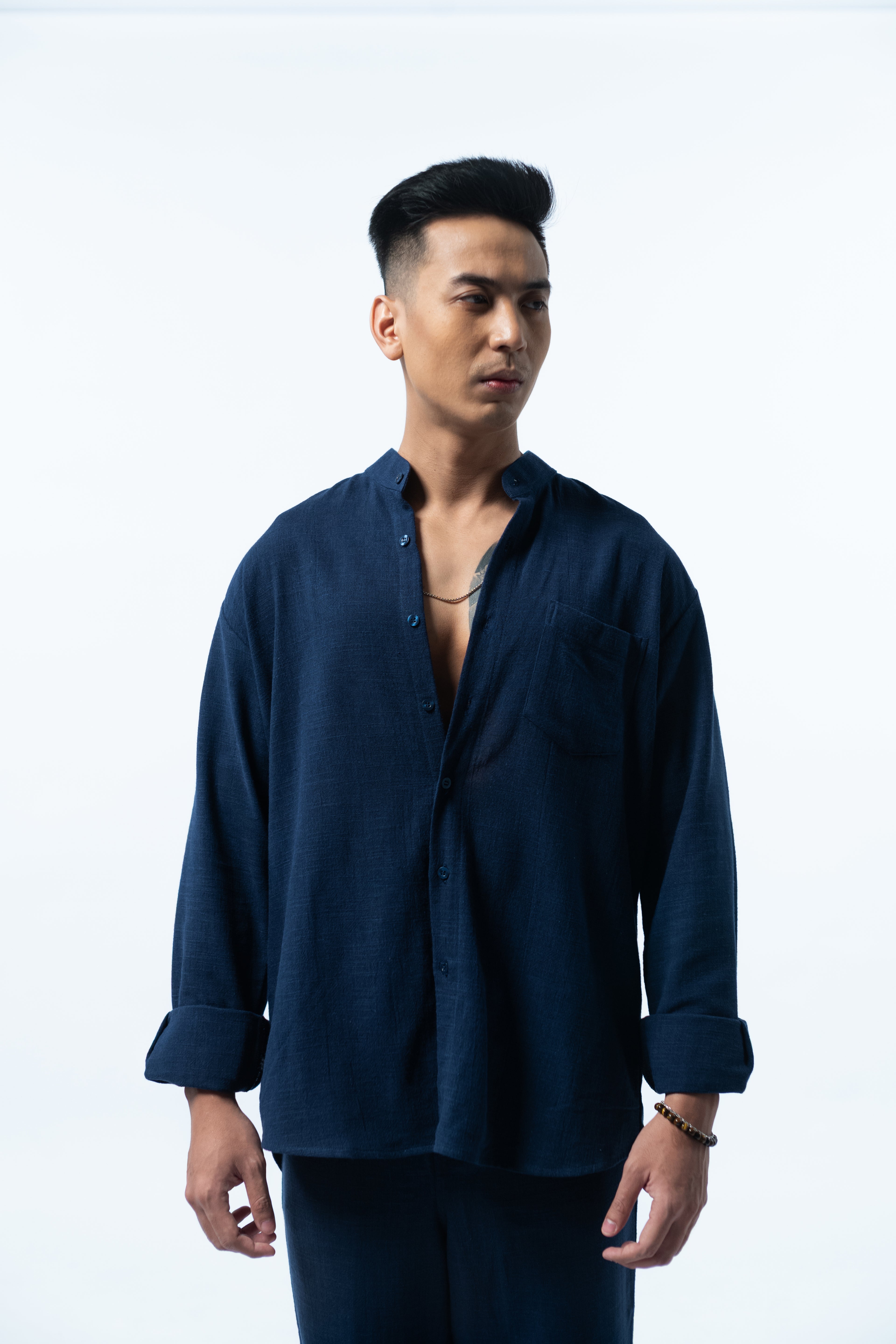 LaBonte - Men's Mandarin Collar Linen Shirt - Navy Long Sleeve GAVINO