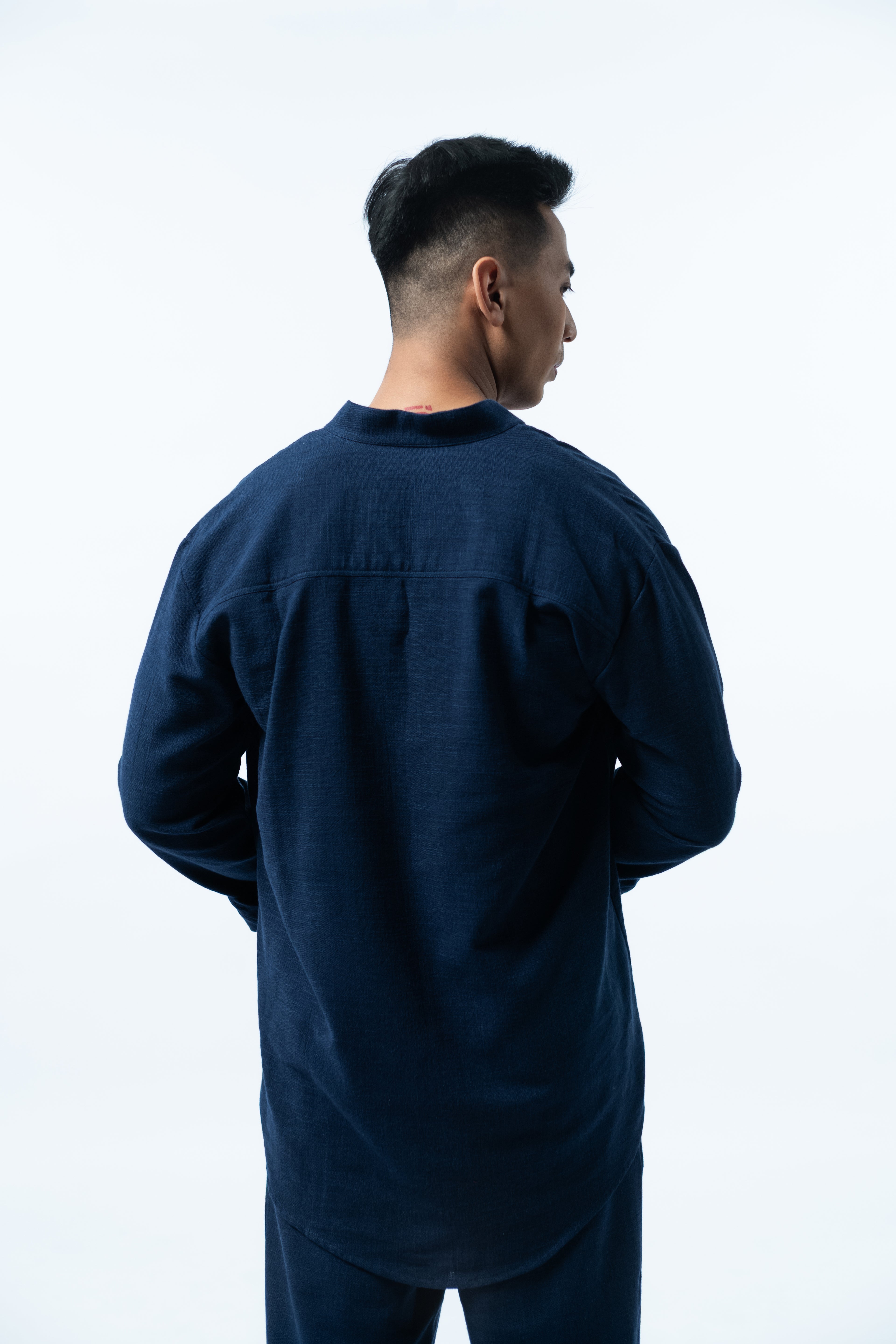 LaBonte - Men's Mandarin Collar Linen Shirt - Navy Long Sleeve GAVINO