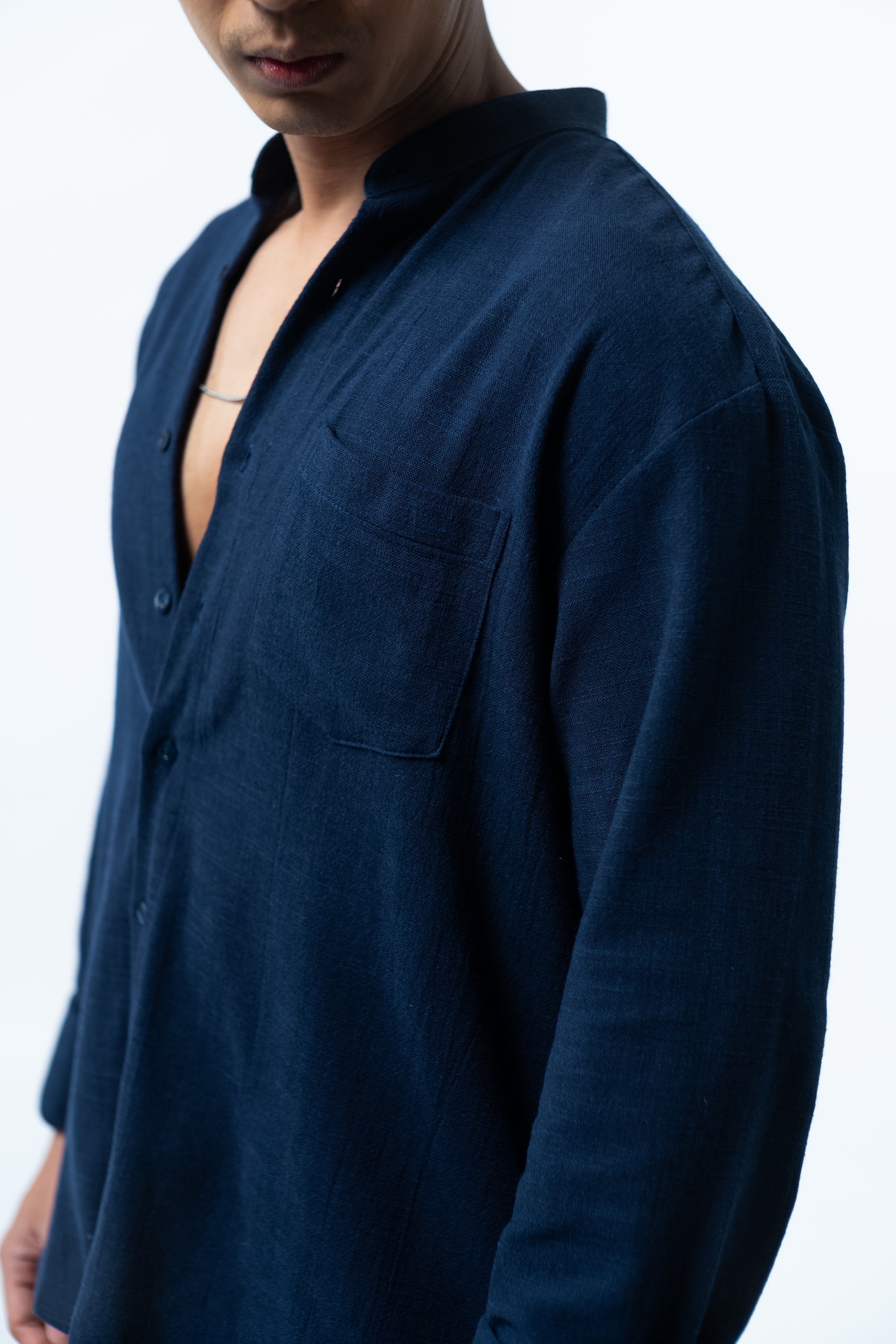 LaBonte - Men's Mandarin Collar Linen Shirt - Navy Long Sleeve GAVINO