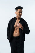 LaBonte - Men's Mandarin Collar Linen Shirt - Black Long Sleeve GAVINO