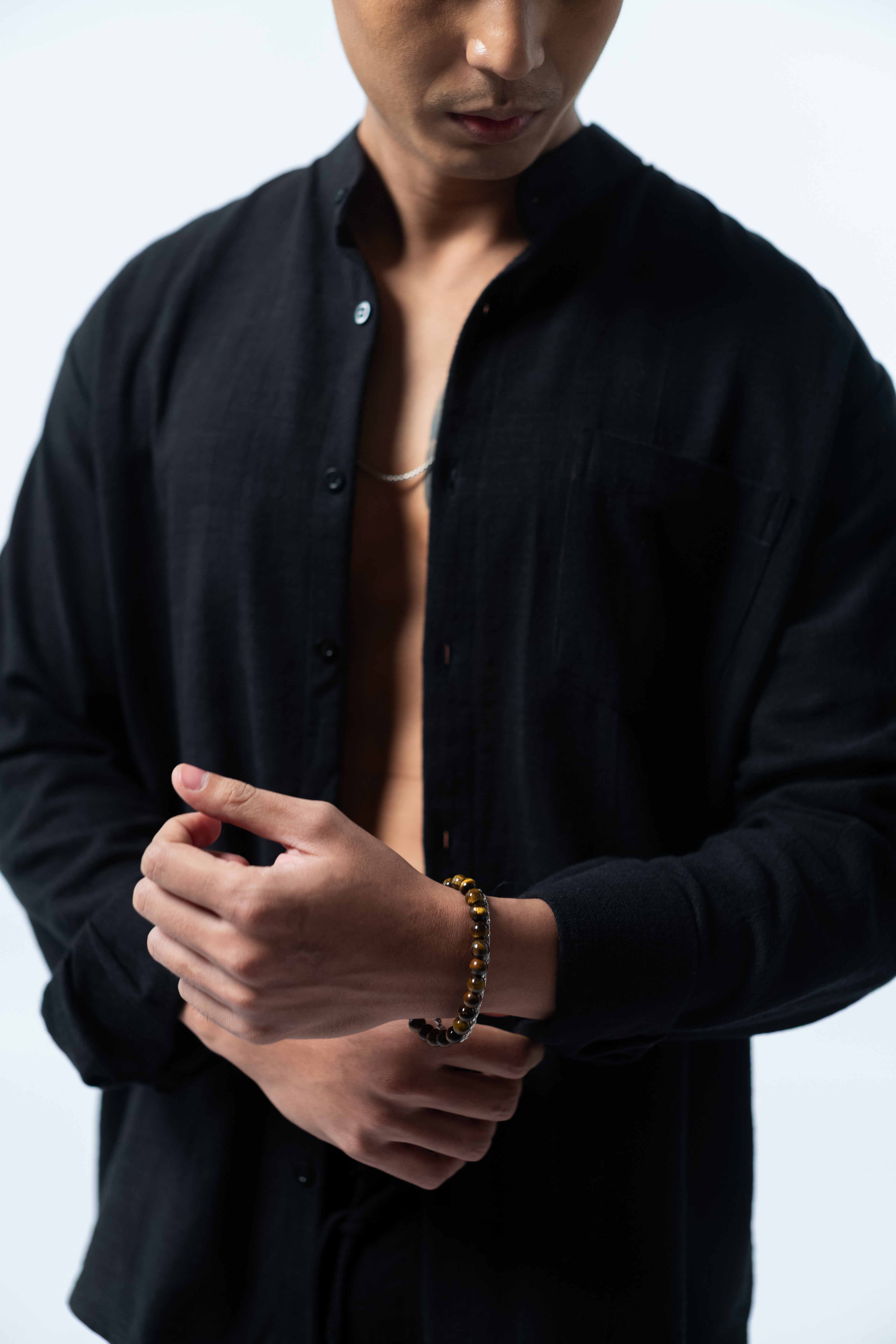 LaBonte - Men's Mandarin Collar Linen Shirt - Black Long Sleeve GAVINO