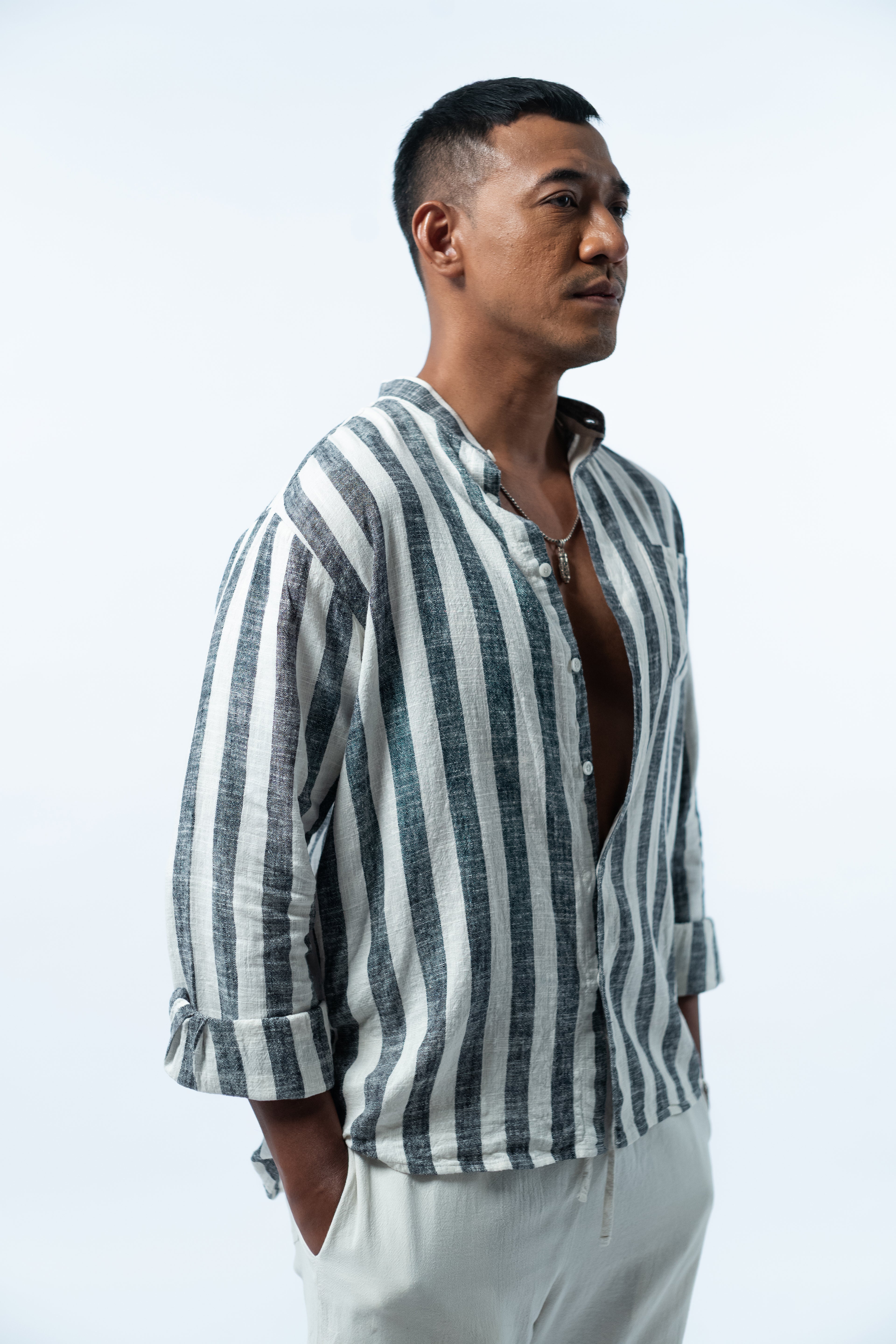 Men's Linen Striped Shirt - Black White Long Sleeve JAVER