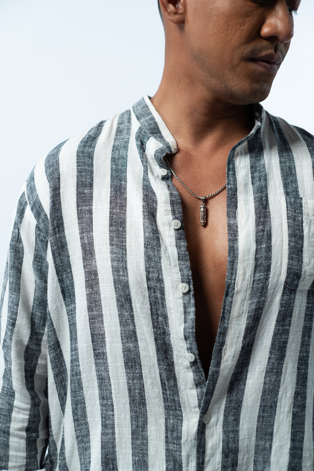Men's Linen Striped Shirt - Black White Long Sleeve JAVER