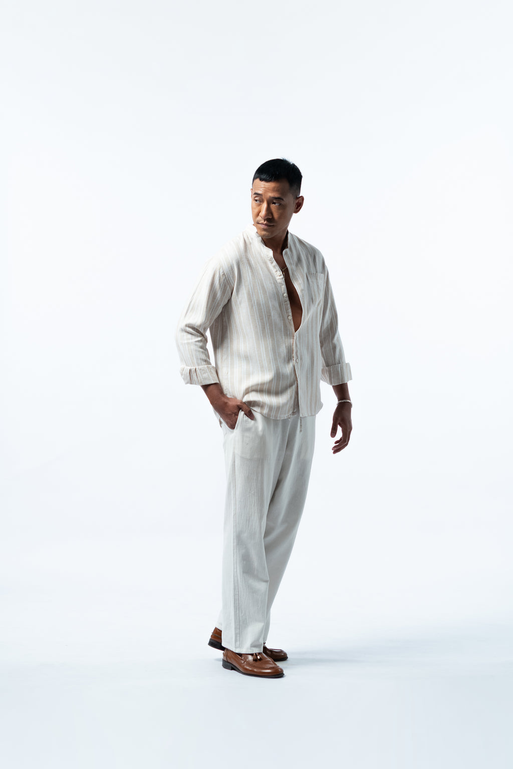 Men's Linen Striped Shirt - Cream Ivory Long Sleeve JAVER