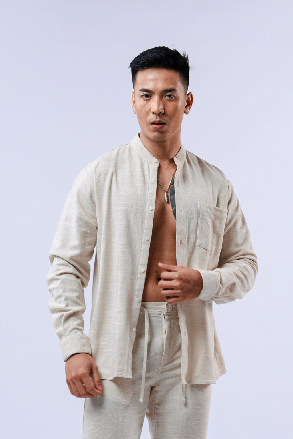 LaBonte - Men's Mandarin Collar Linen Shirt - Cream Long Sleeve GAVINO