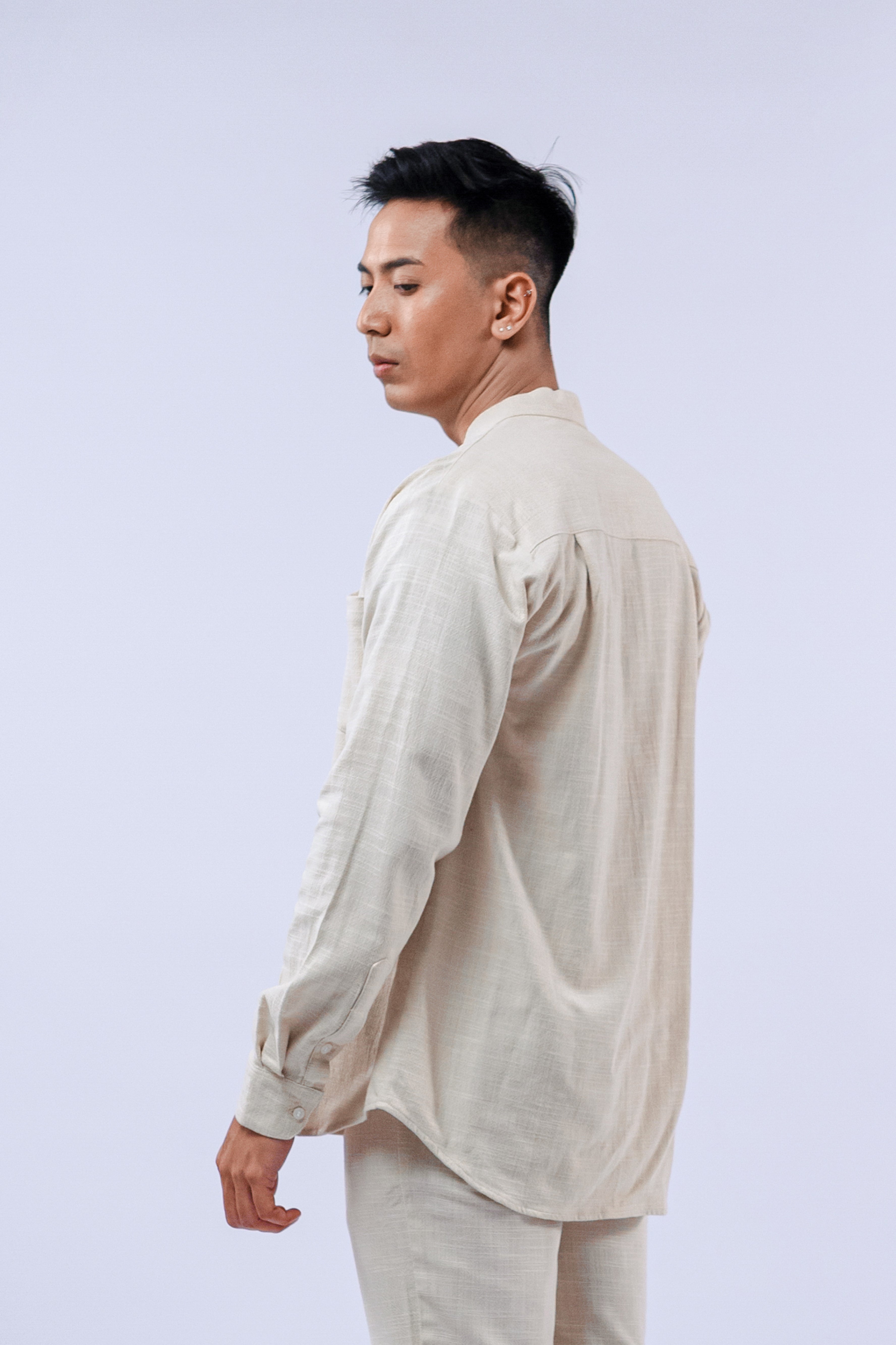LaBonte - Men's Mandarin Collar Linen Shirt - Cream Long Sleeve GAVINO