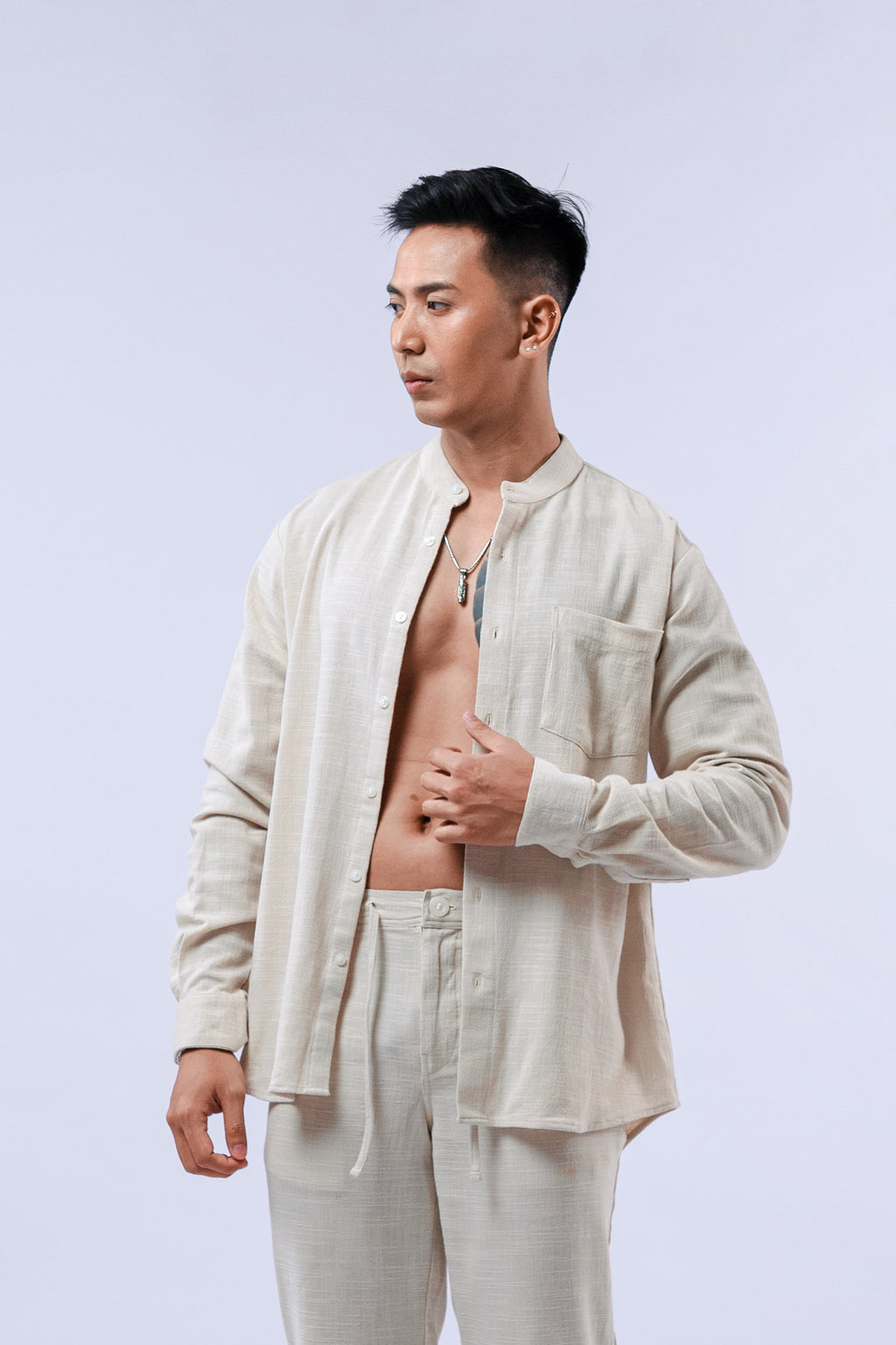 LaBonte - Men's Mandarin Collar Linen Shirt - Cream Long Sleeve GAVINO
