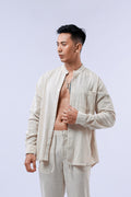 LaBonte - Men's Mandarin Collar Linen Shirt - Cream Long Sleeve GAVINO