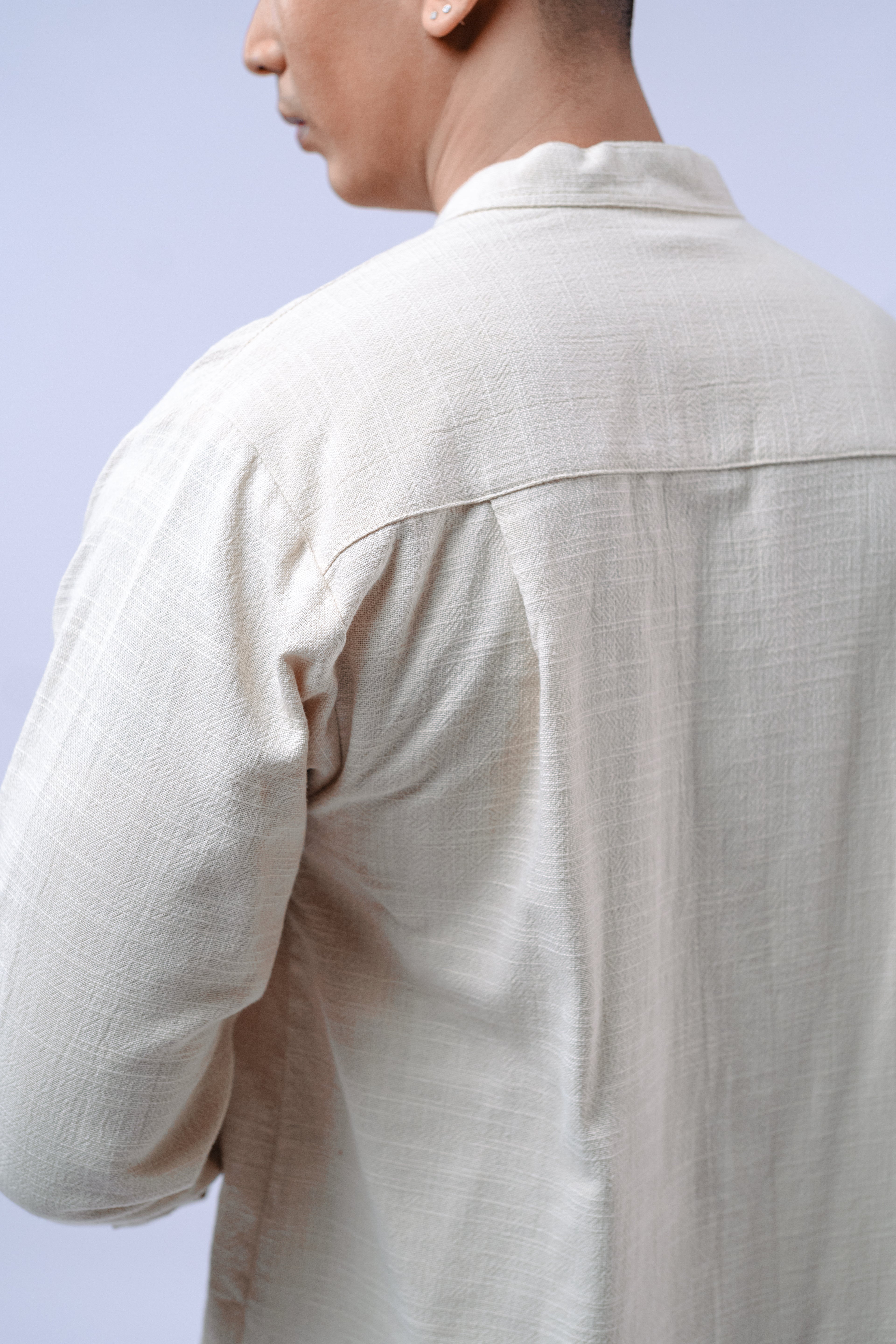 LaBonte - Men's Mandarin Collar Linen Shirt - Cream Long Sleeve GAVINO