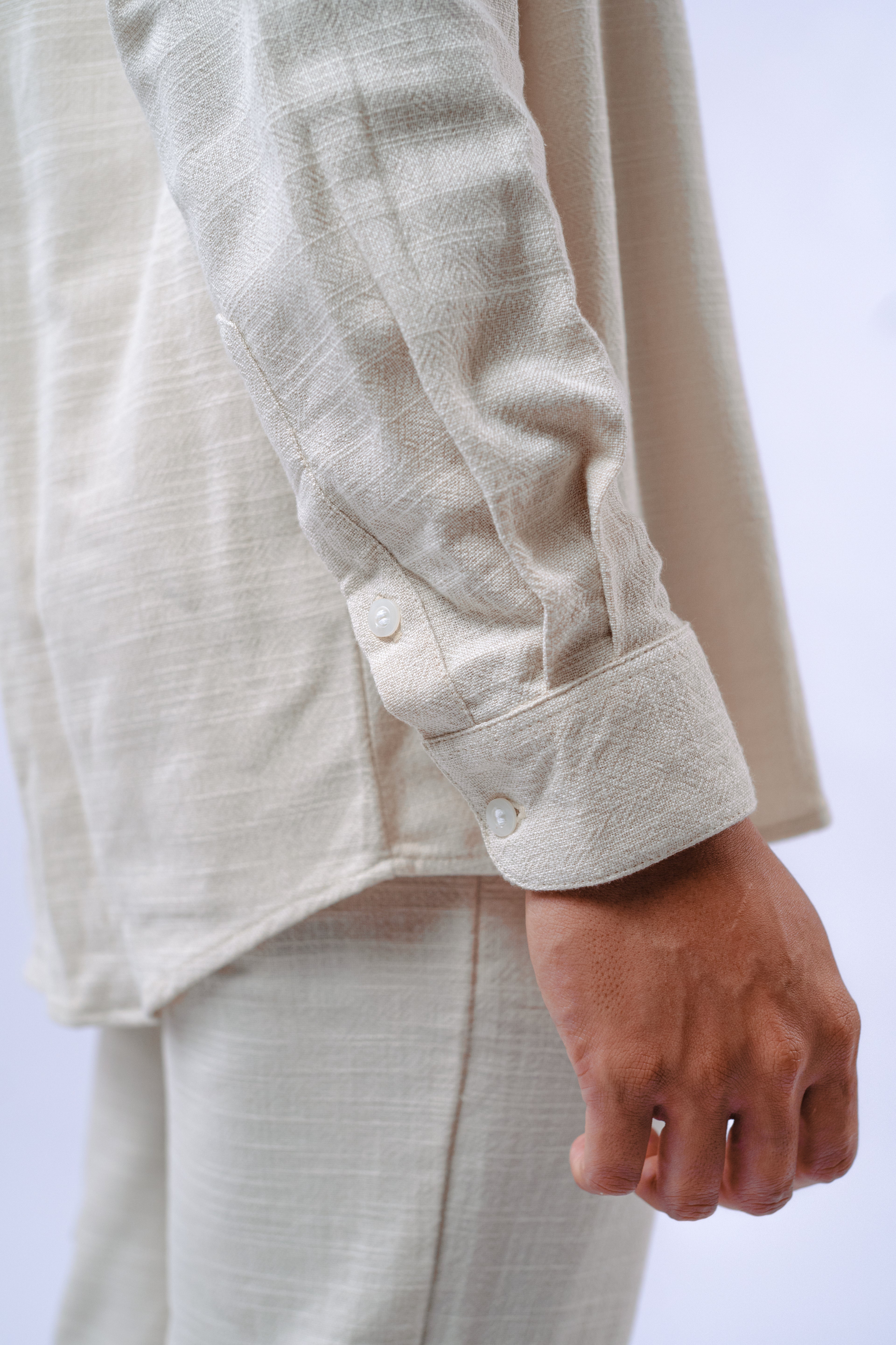 LaBonte - Men's Mandarin Collar Linen Shirt - Cream Long Sleeve GAVINO