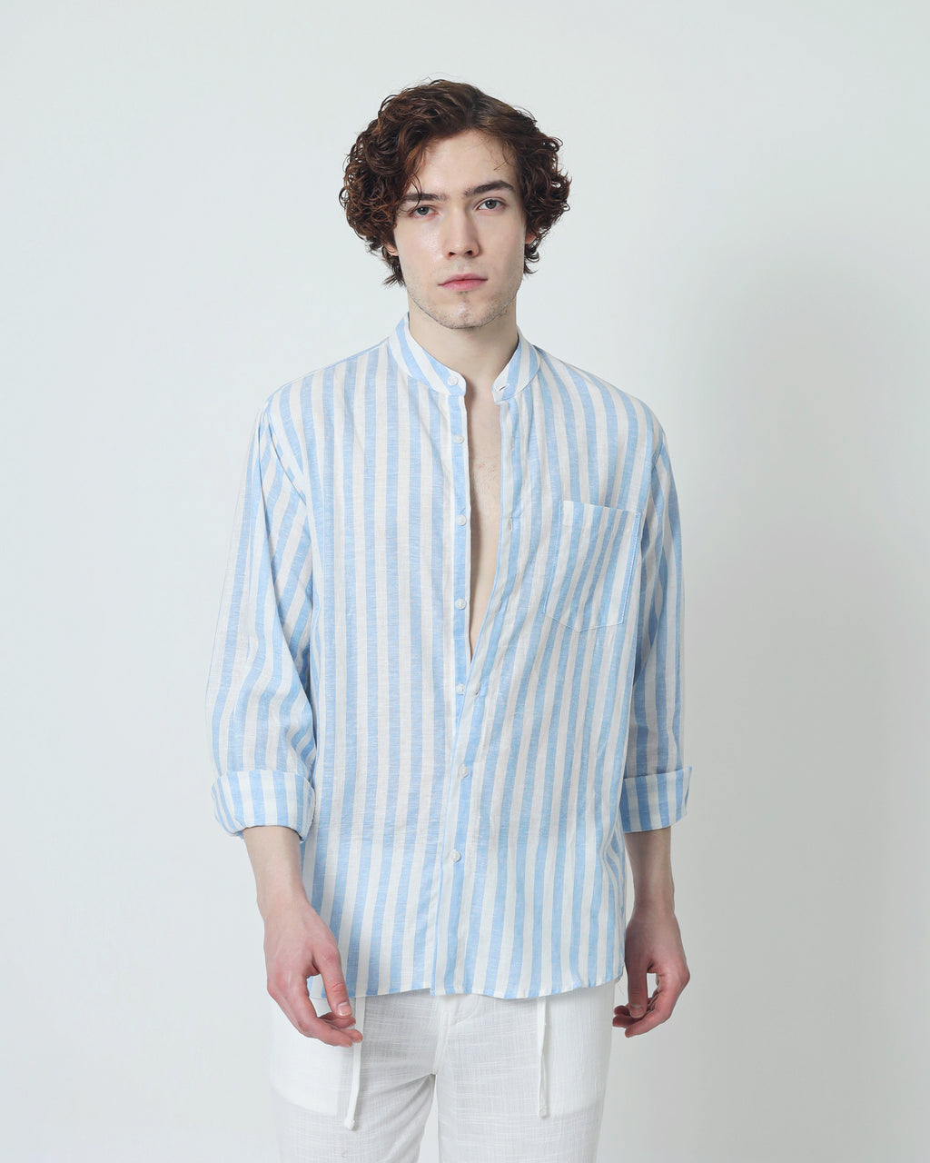 LaBonte - Men's Linen Striped Shirt - Blue White Long Sleeve JAVER