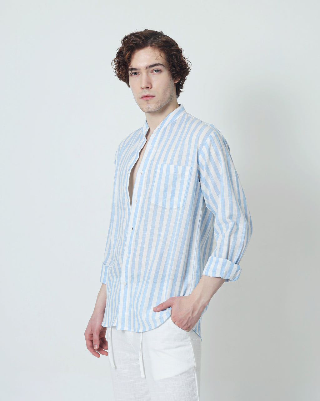 LaBonte - Men's Linen Striped Shirt - Blue White Long Sleeve JAVER