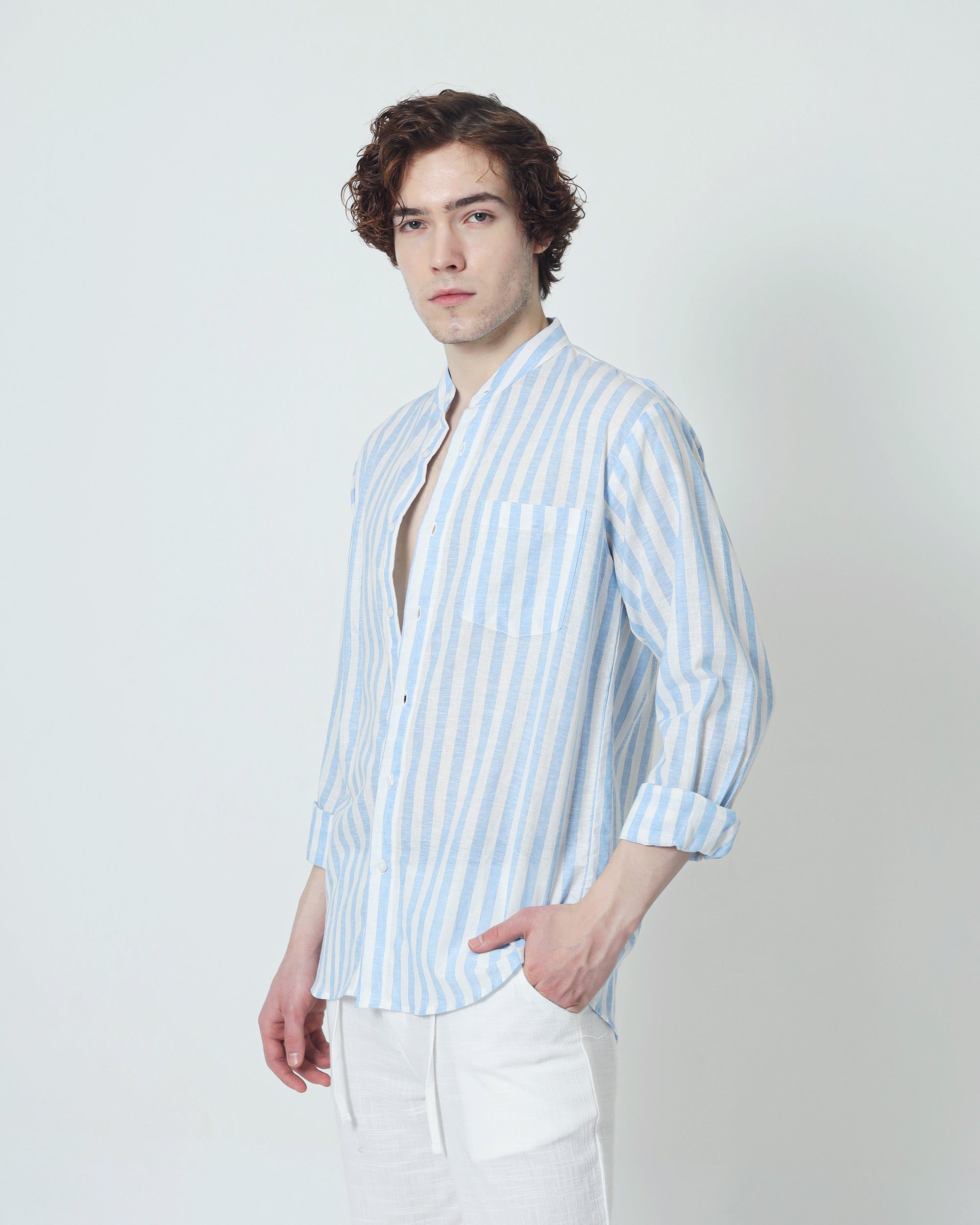 LaBonte - Men's Linen Striped Shirt - Blue White Long Sleeve JAVER