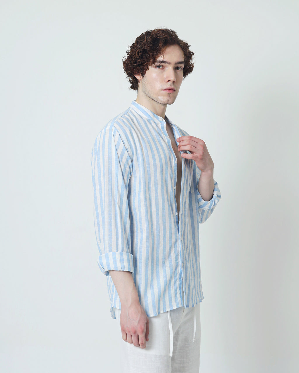 LaBonte - Men's Linen Striped Shirt - Blue White Long Sleeve JAVER