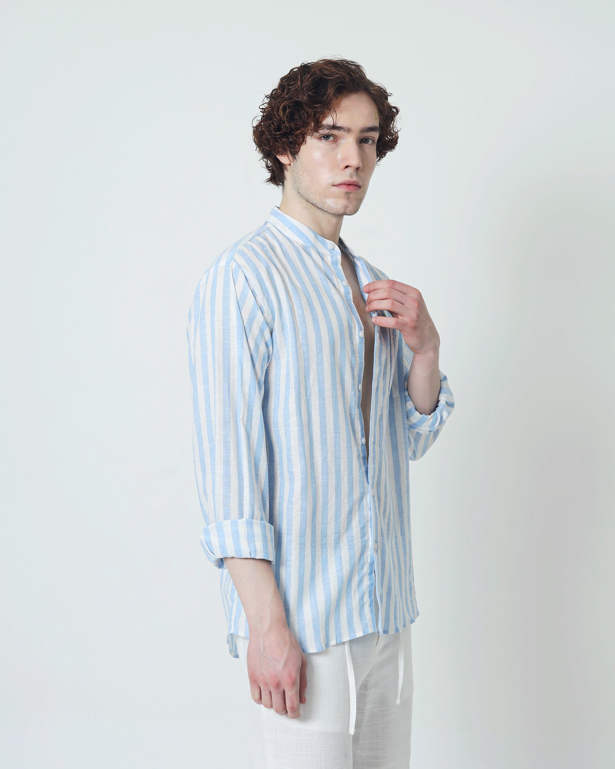 LaBonte - Men's Linen Striped Shirt - Blue White Long Sleeve JAVER