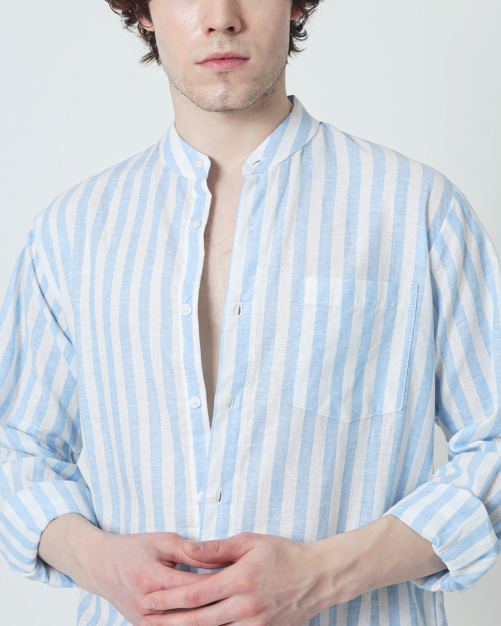 LaBonte - Men's Linen Striped Shirt - Blue White Long Sleeve JAVER