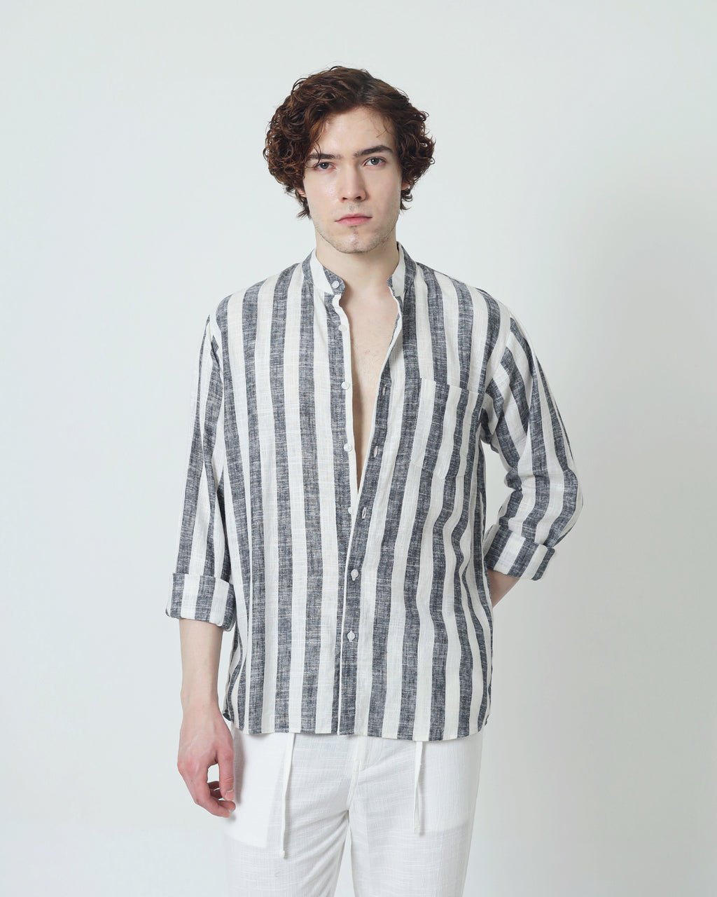 LaBonte - Men's Linen Striped Shirt - Black White Long Sleeve JAVER