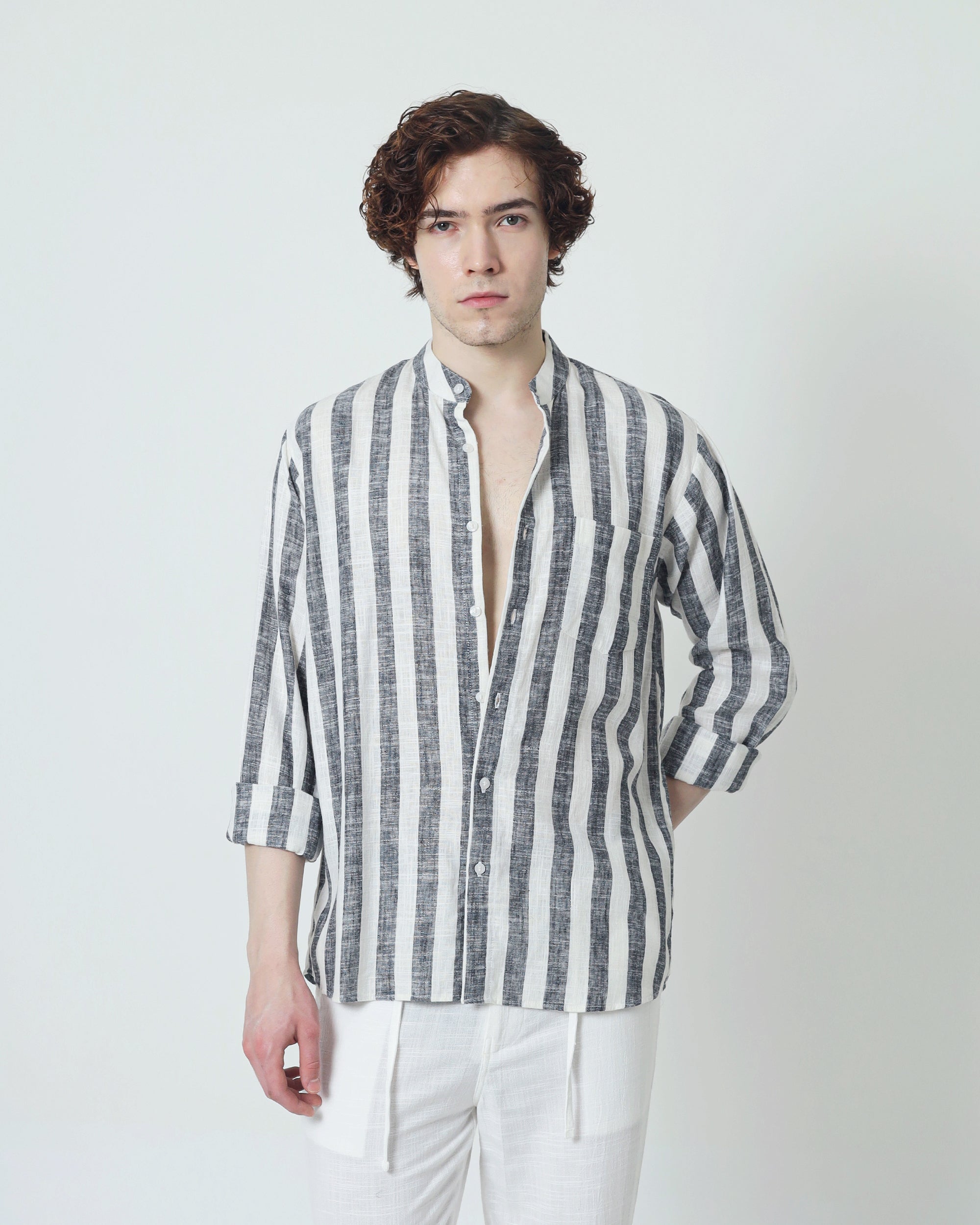 LaBonte - Men's Linen Striped Shirt - Black White Long Sleeve JAVER