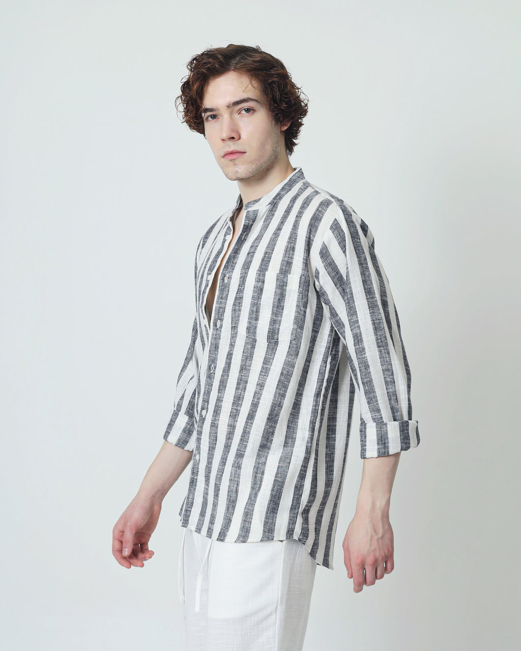 LaBonte - Men's Linen Striped Shirt - Black White Long Sleeve JAVER
