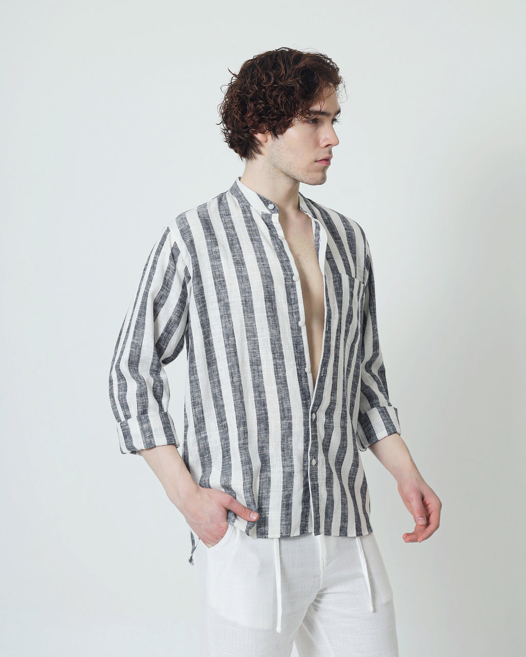 LaBonte - Men's Linen Striped Shirt - Black White Long Sleeve JAVER