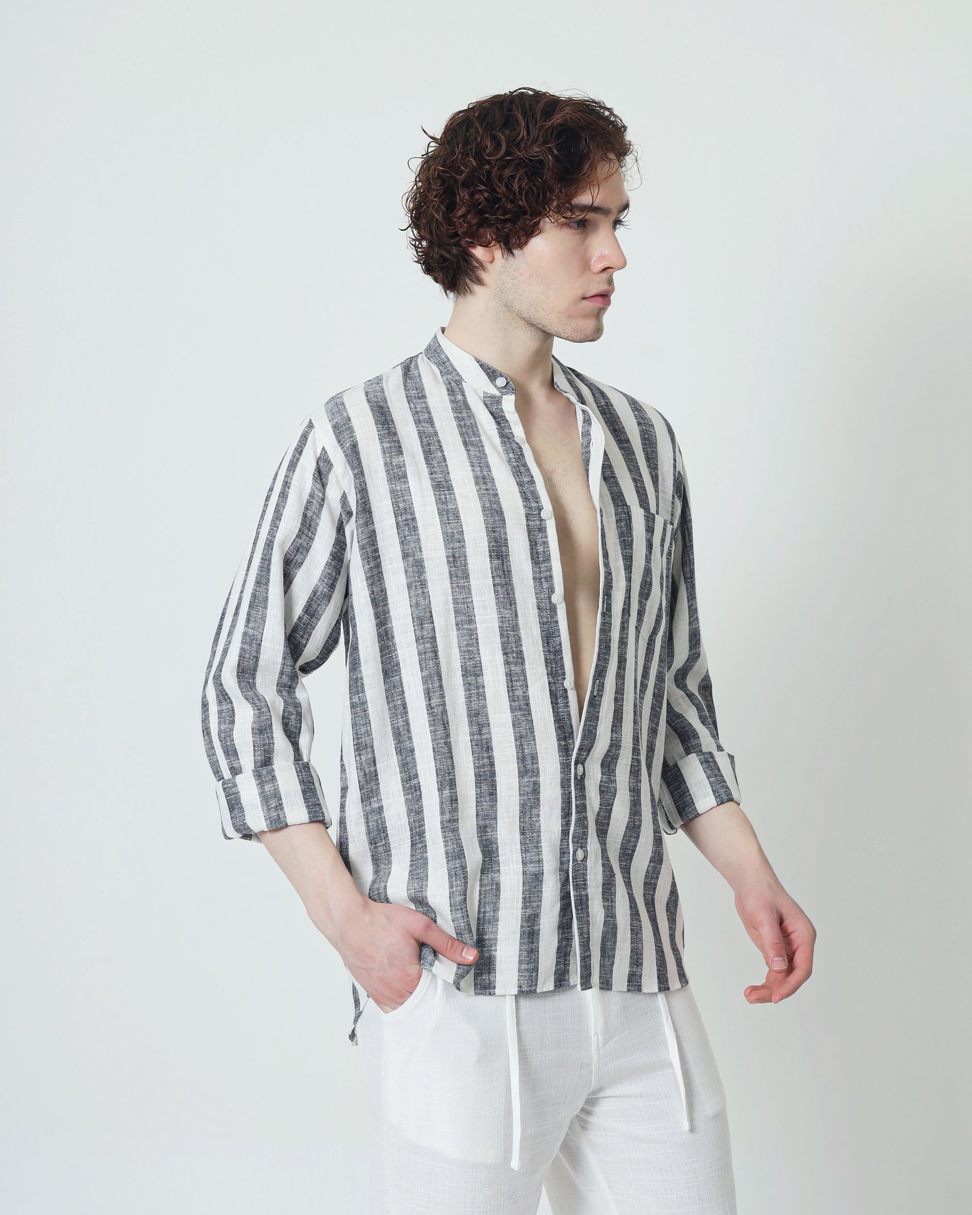LaBonte - Men's Linen Striped Shirt - Black White Long Sleeve JAVER