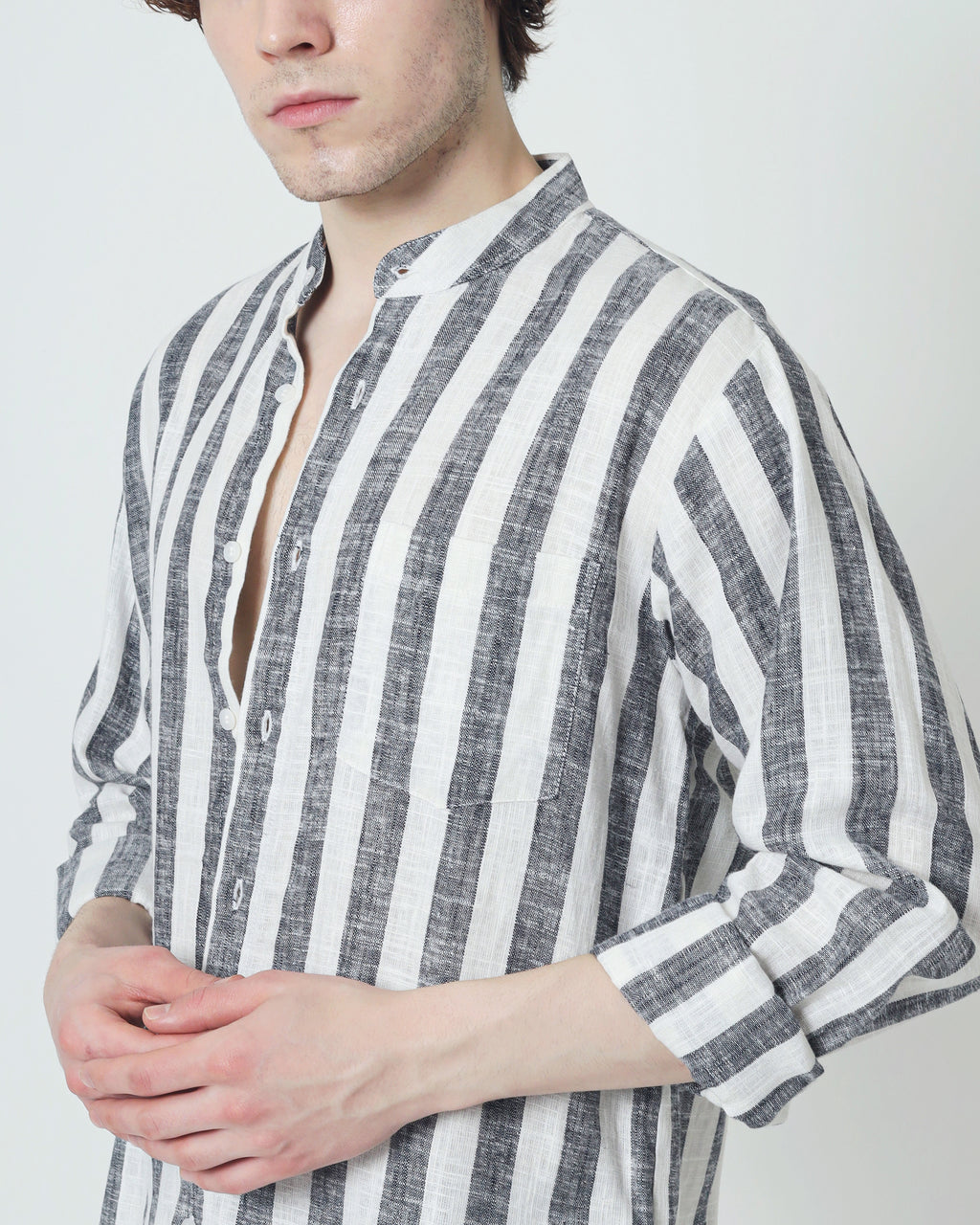 LaBonte - Men's Linen Striped Shirt - Black White Long Sleeve JAVER