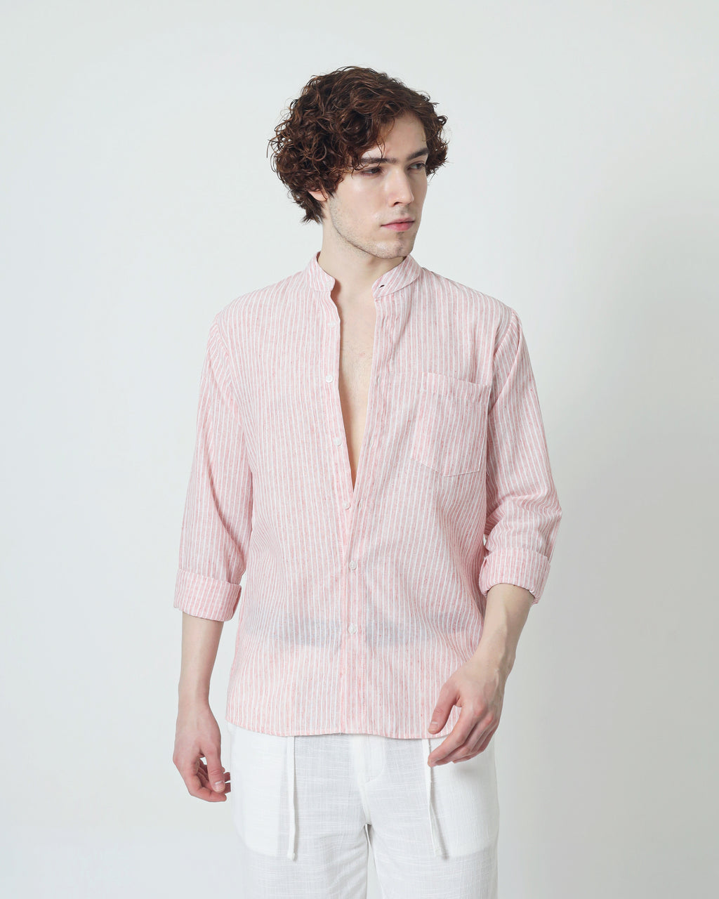 LaBonte - Men's Linen Striped Shirt - Blush Pink Long Sleeve JAVER