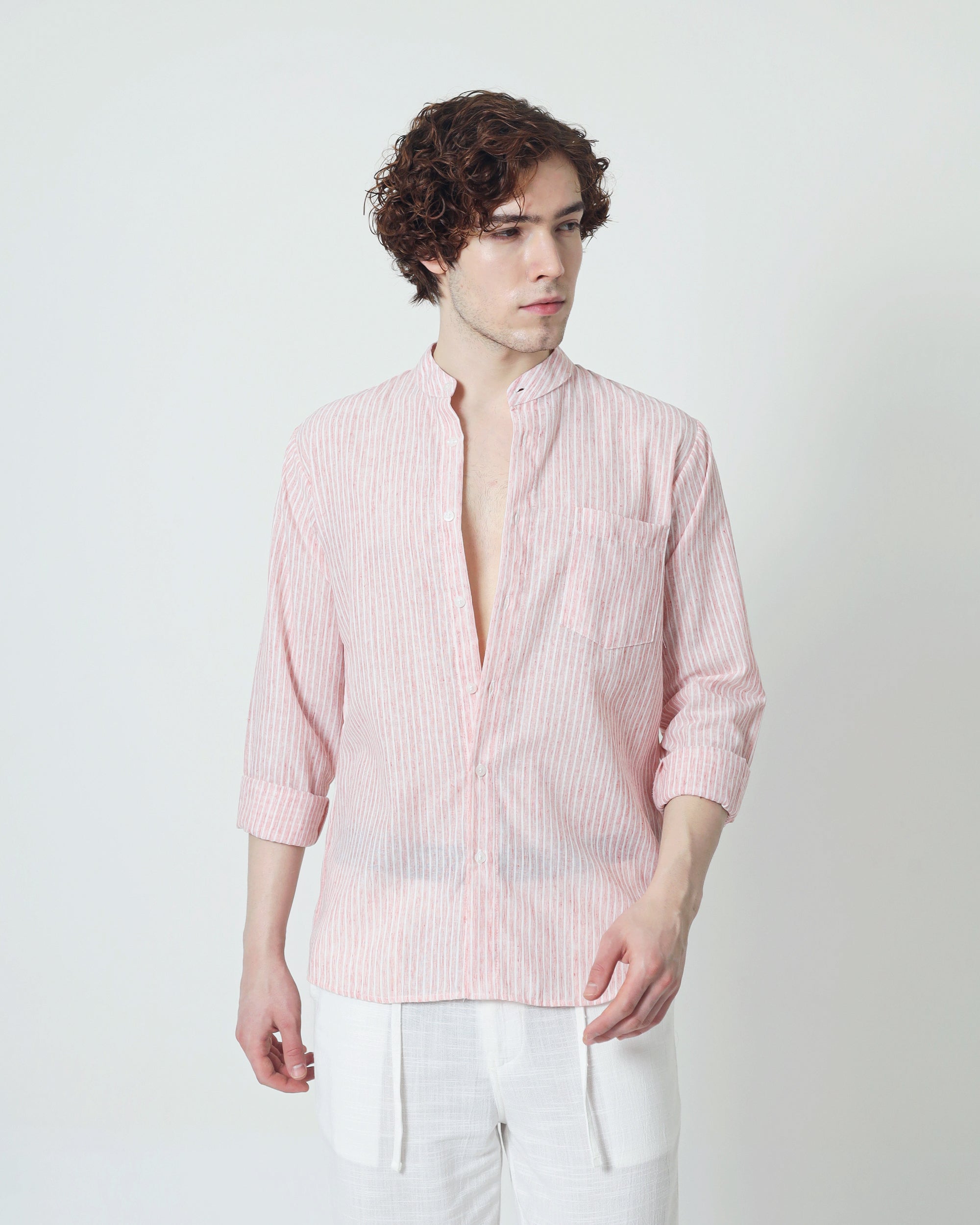 LaBonte - Men's Linen Striped Shirt - Blush Pink Long Sleeve JAVER