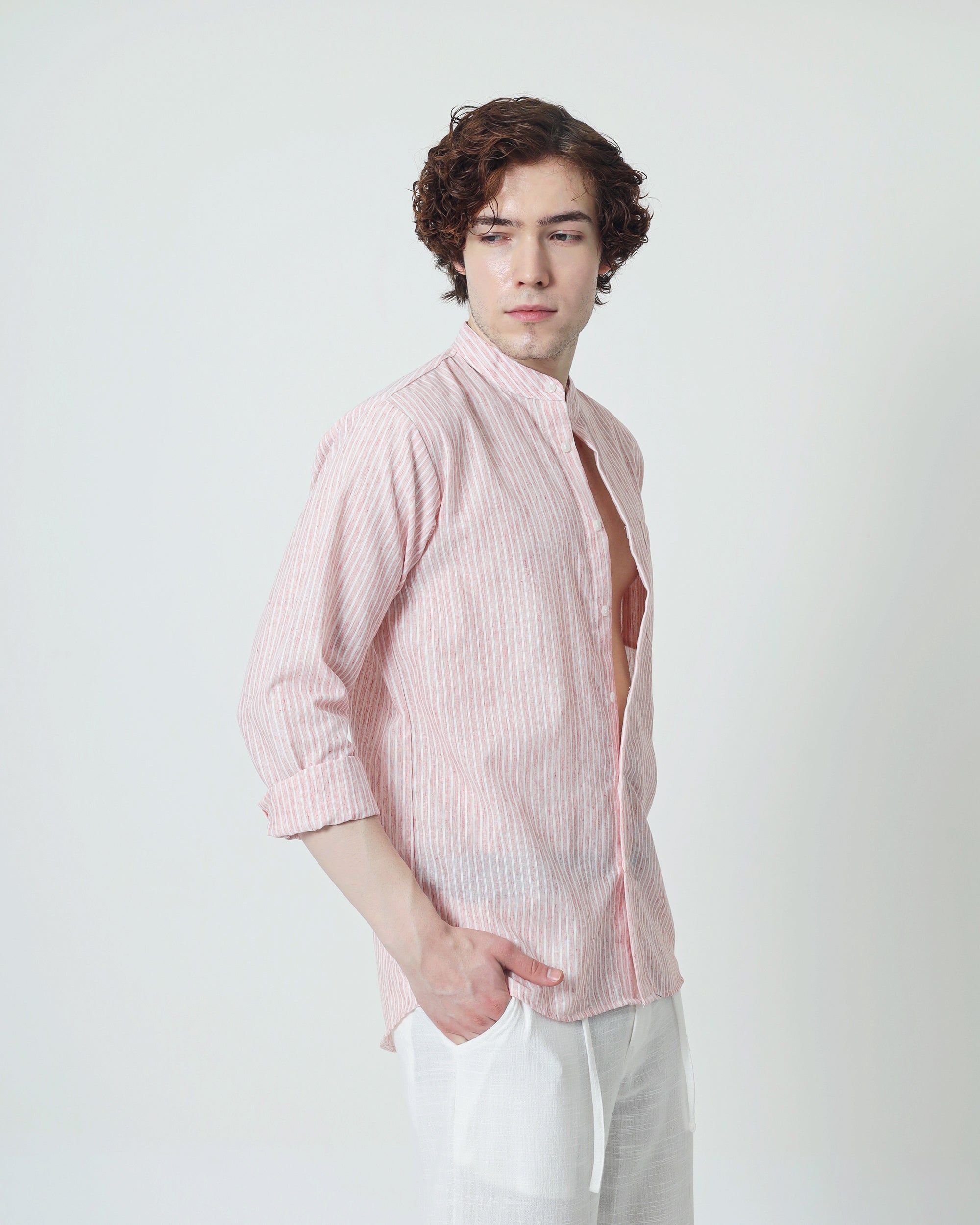 LaBonte - Men's Linen Striped Shirt - Blush Pink Long Sleeve JAVER