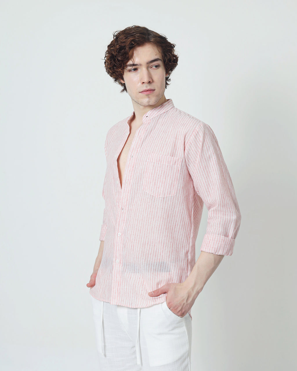 LaBonte - Men's Linen Striped Shirt - Blush Pink Long Sleeve JAVER