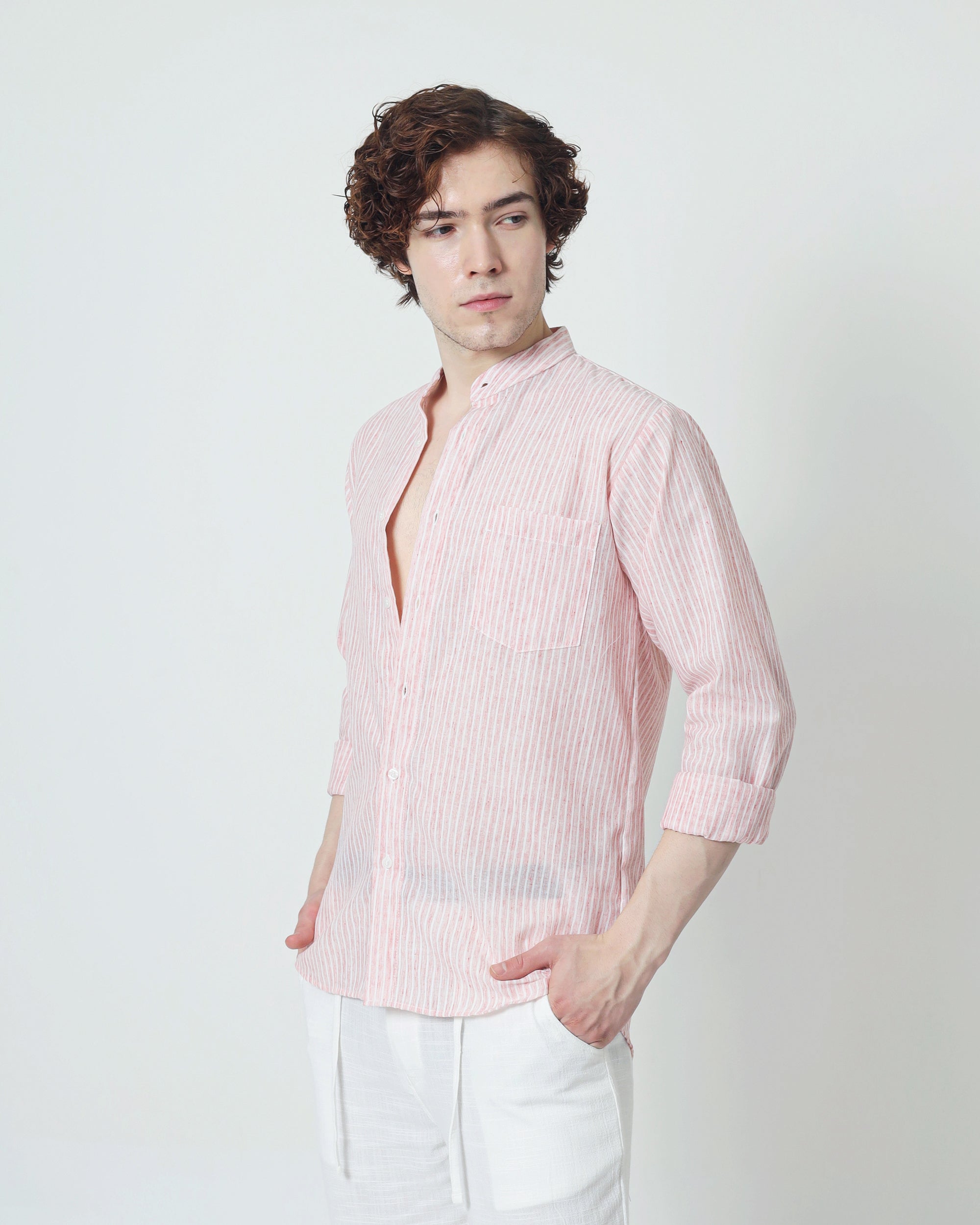 LaBonte - Men's Linen Striped Shirt - Blush Pink Long Sleeve JAVER